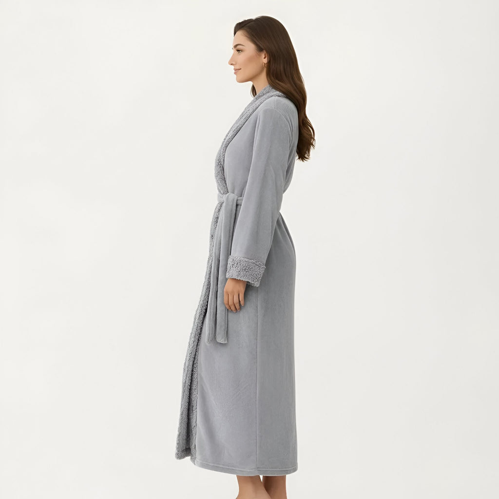 Anna-Kaci Women's Plush Long Bathrobe with Shawl Collar, Self Tie Belt and Faux Shearling Trim