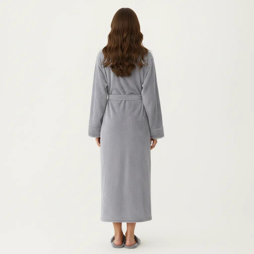 Anna-Kaci Women's Plush Long Bathrobe with Shawl Collar, Self Tie Belt and Faux Shearling Trim