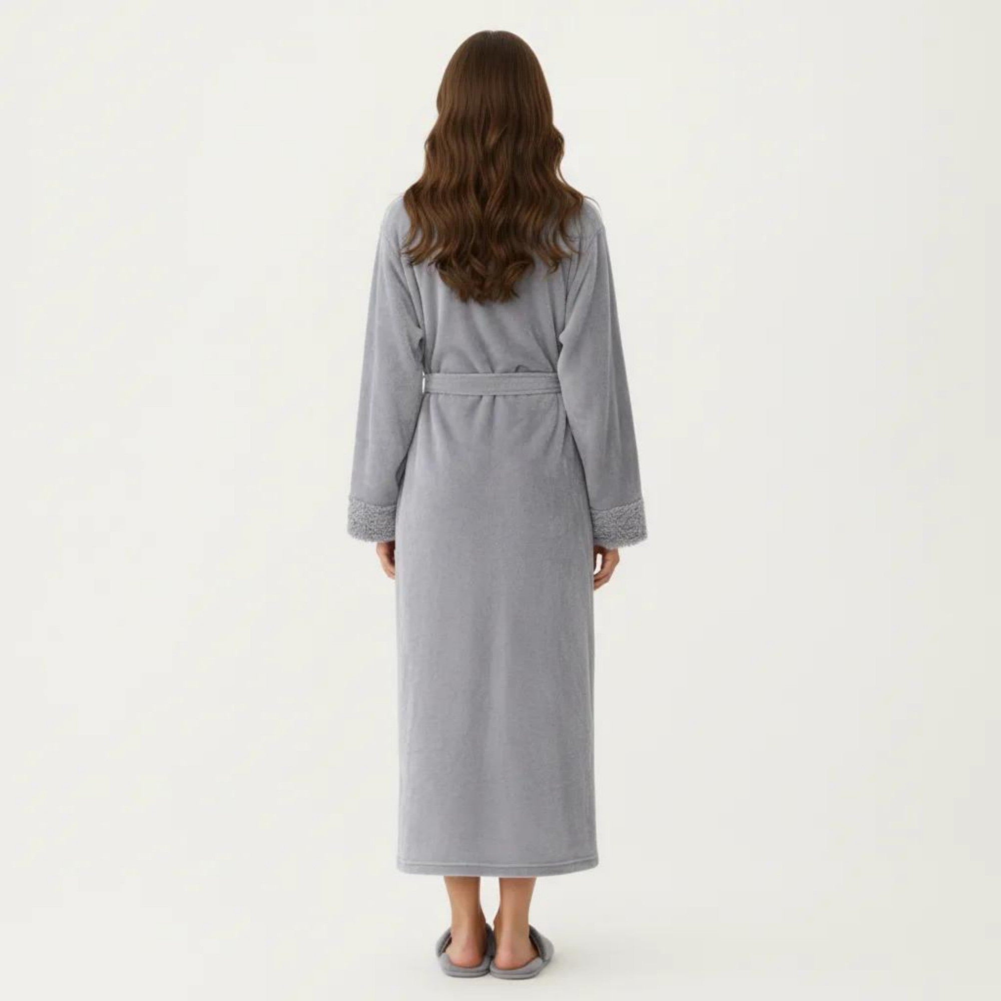 Anna-Kaci Women's Plush Long Bathrobe with Shawl Collar, Self Tie Belt and Faux Shearling Trim