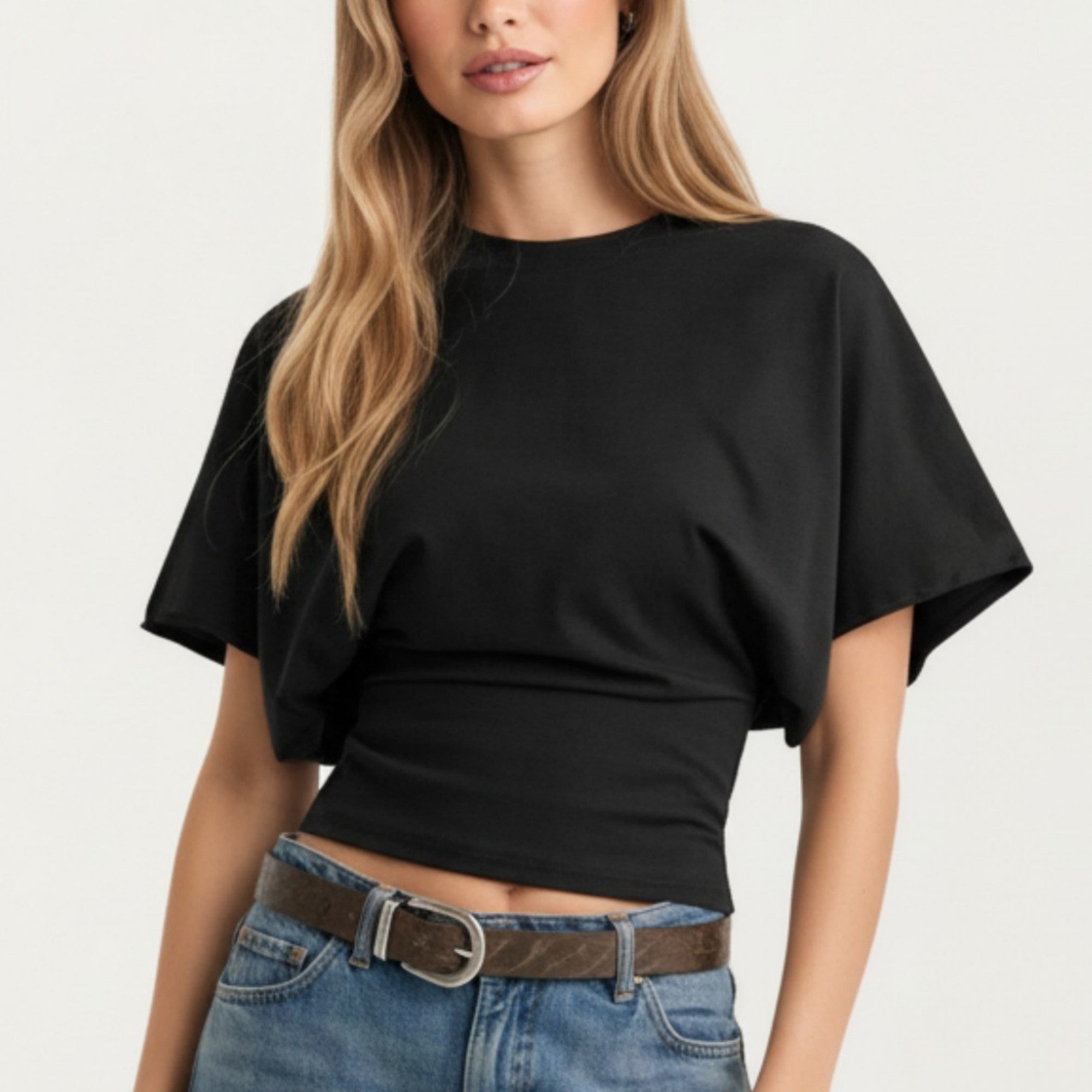 Anna-Kaci Women's Short Sleeve Cropped Top with Wide Waistband and Relaxed Blouson Fit