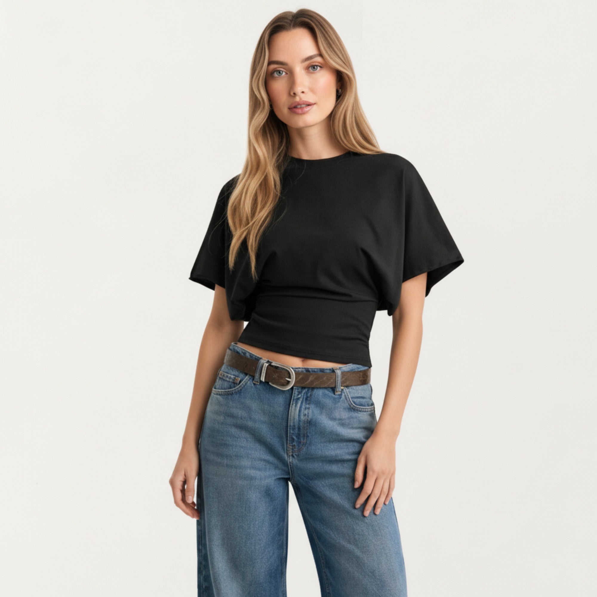 Anna-Kaci Women's Short Sleeve Cropped Top with Wide Waistband and Relaxed Blouson Fit