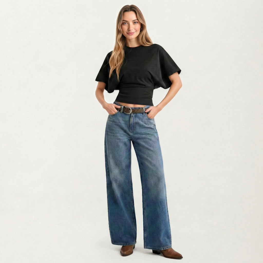 Anna-Kaci Women's Short Sleeve Cropped Top with Wide Waistband and Relaxed Blouson Fit