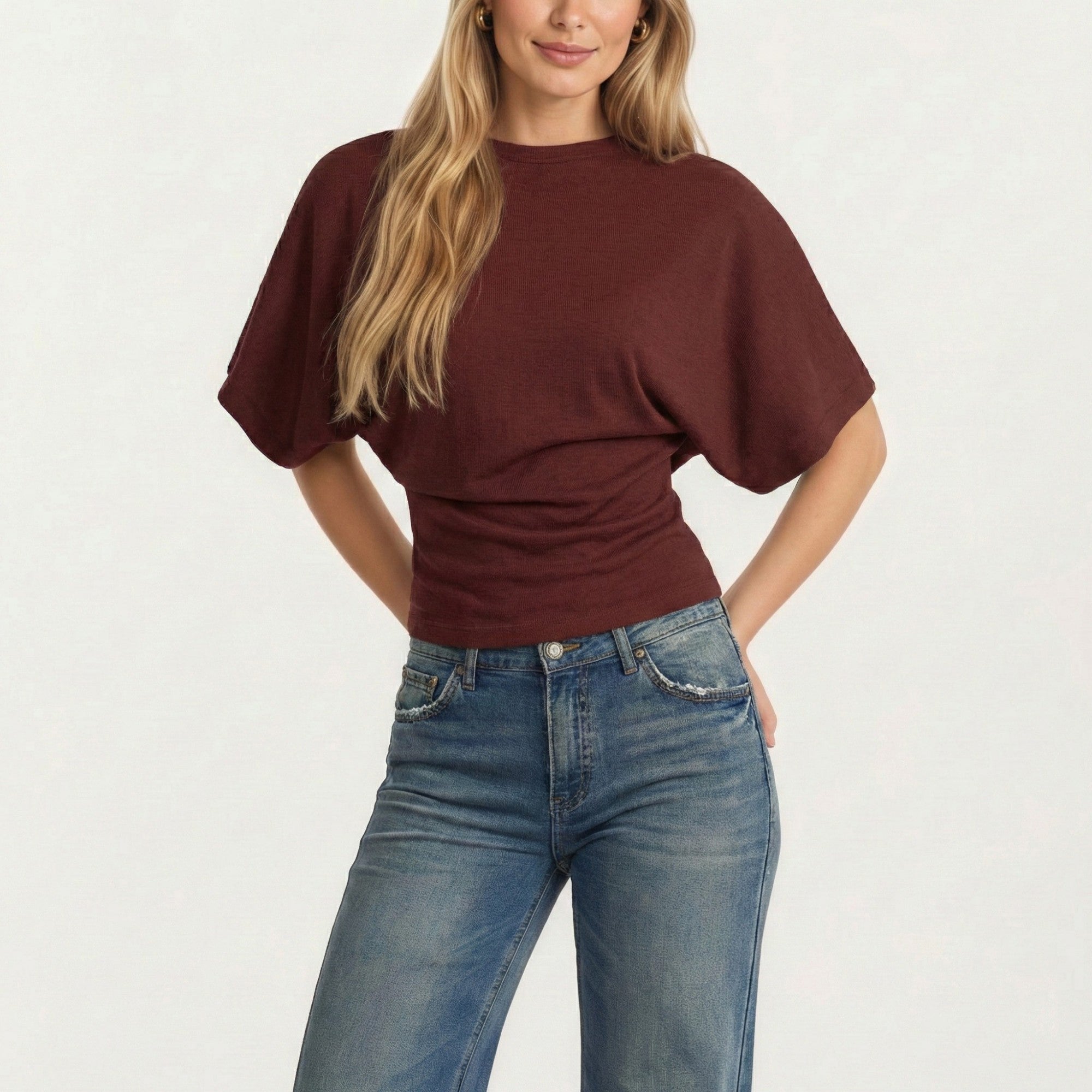 Anna-Kaci Women's Short Sleeve Cropped Top with Wide Waistband and Relaxed Blouson Fit