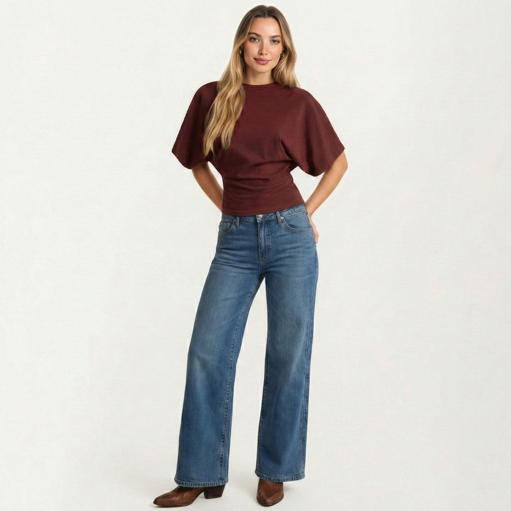 Anna-Kaci Women's Short Sleeve Cropped Top with Wide Waistband and Relaxed Blouson Fit