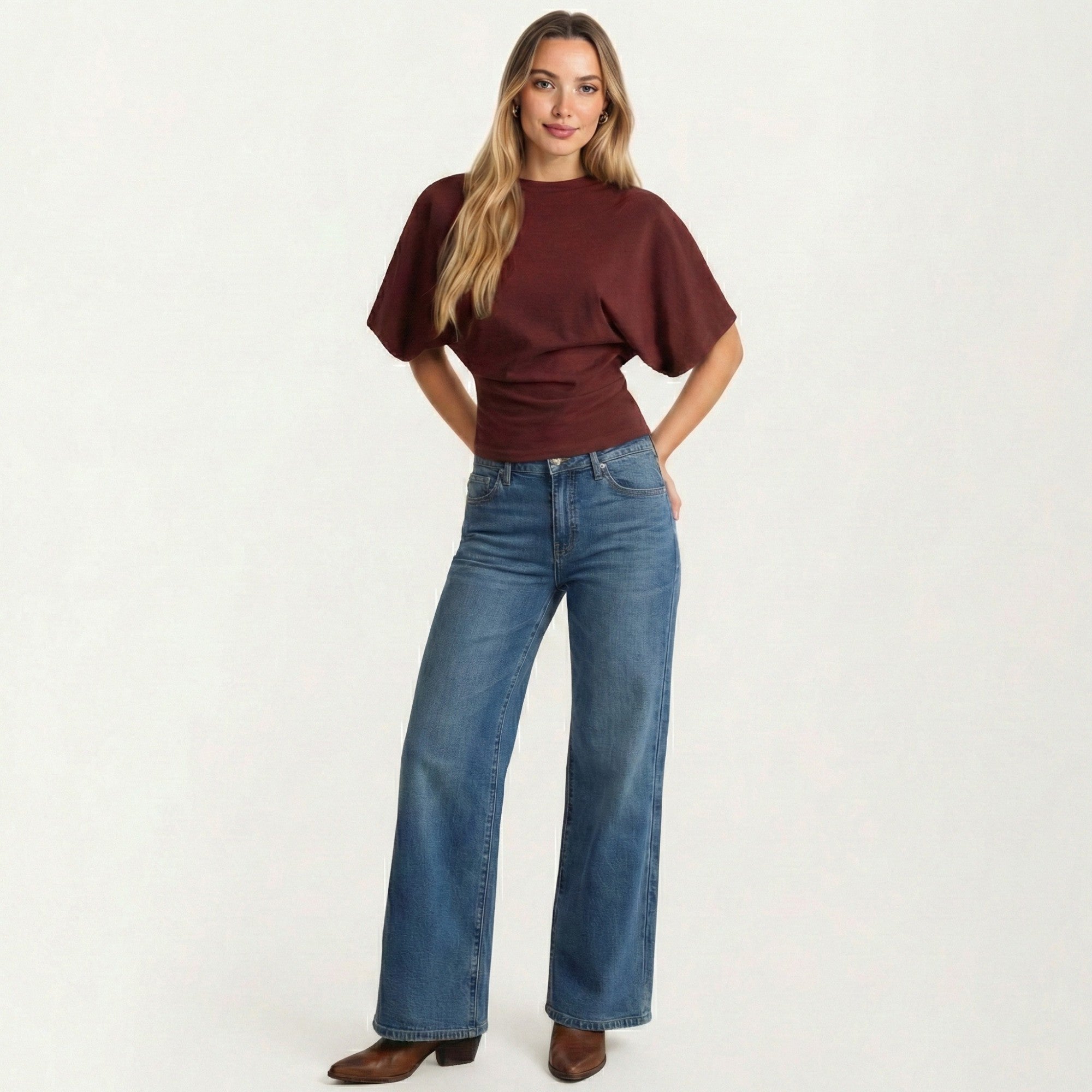 Anna-Kaci Women's Short Sleeve Cropped Top with Wide Waistband and Relaxed Blouson Fit