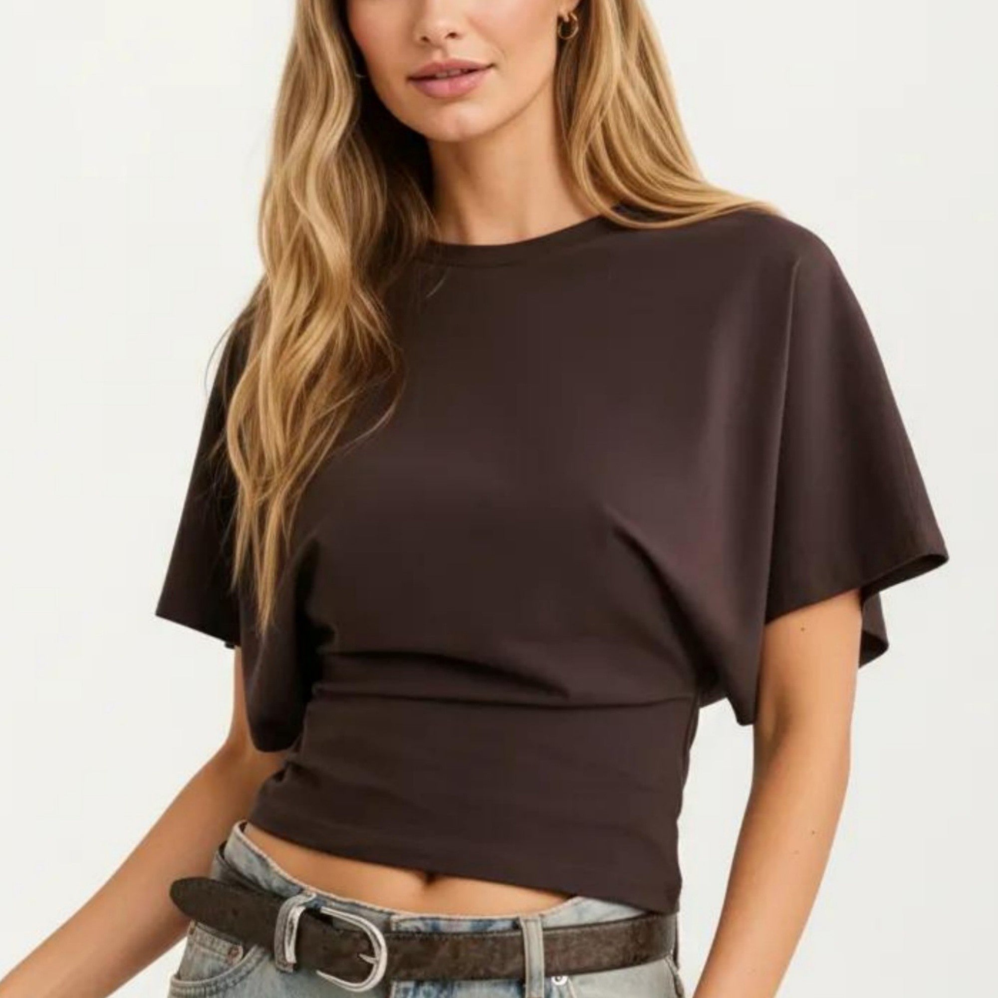 Anna-Kaci Women's Short Sleeve Cropped Top with Wide Waistband and Relaxed Draped Fit