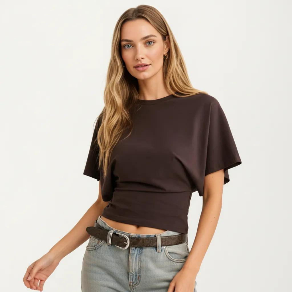 Anna-Kaci Women's Short Sleeve Cropped Top with Wide Waistband and Relaxed Draped Fit