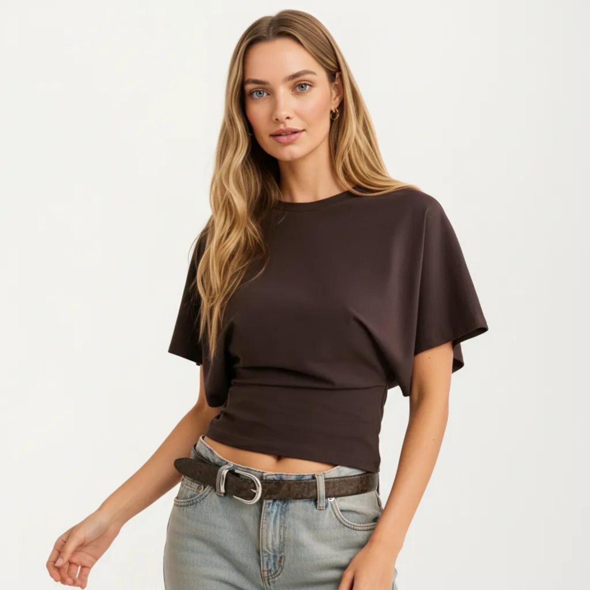 Anna-Kaci Women's Short Sleeve Cropped Top with Wide Waistband and Relaxed Draped Fit