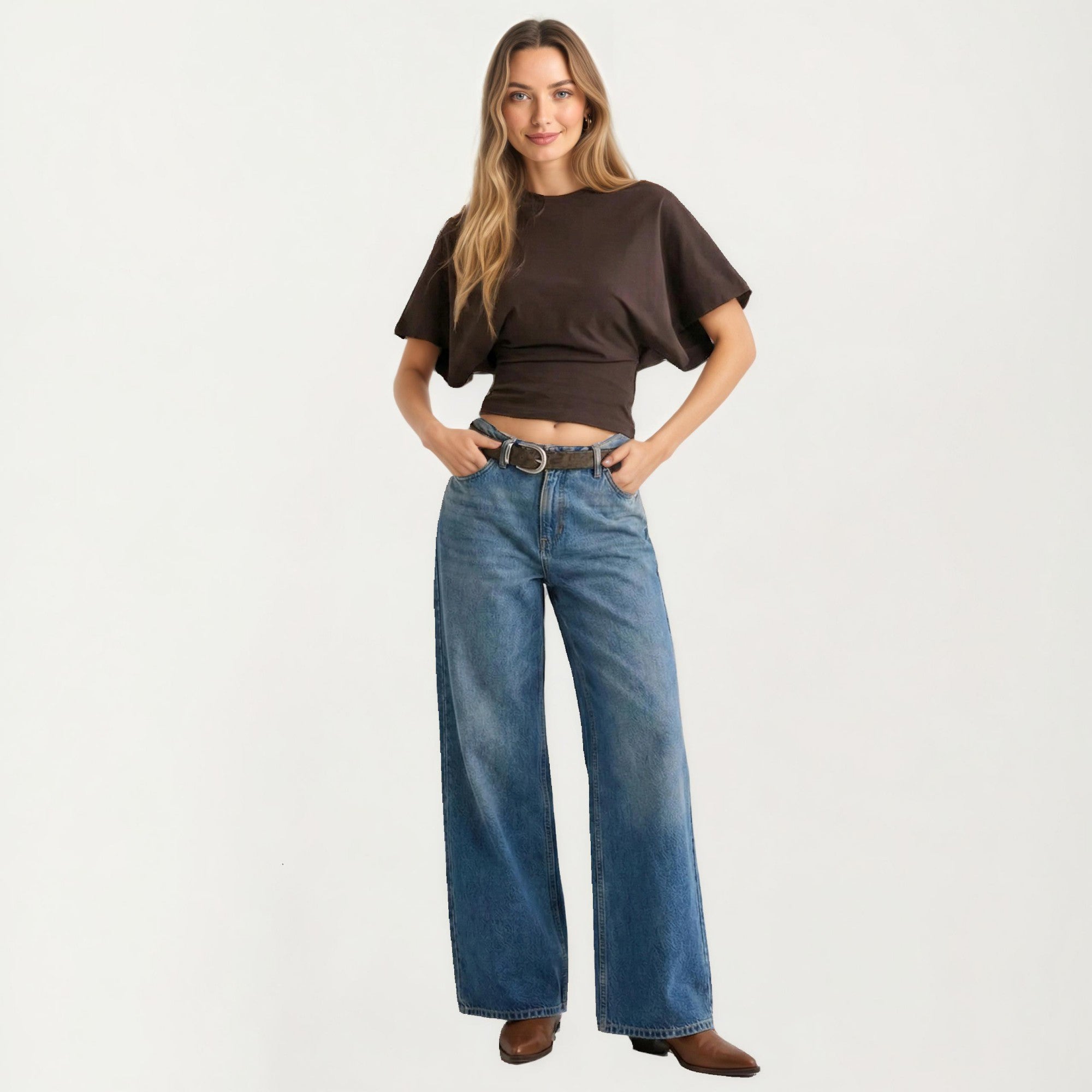 Anna-Kaci Women's Short Sleeve Cropped Top with Wide Waistband and Relaxed Draped Fit