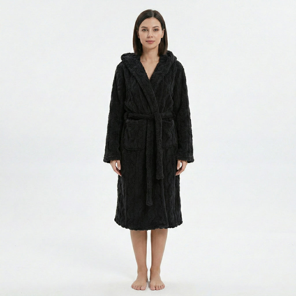Anna-Kaci Women's Plush Hooded Long Sleeve robe with Textured Fleece Fabric Adjustable Waist Tie Wrap Design