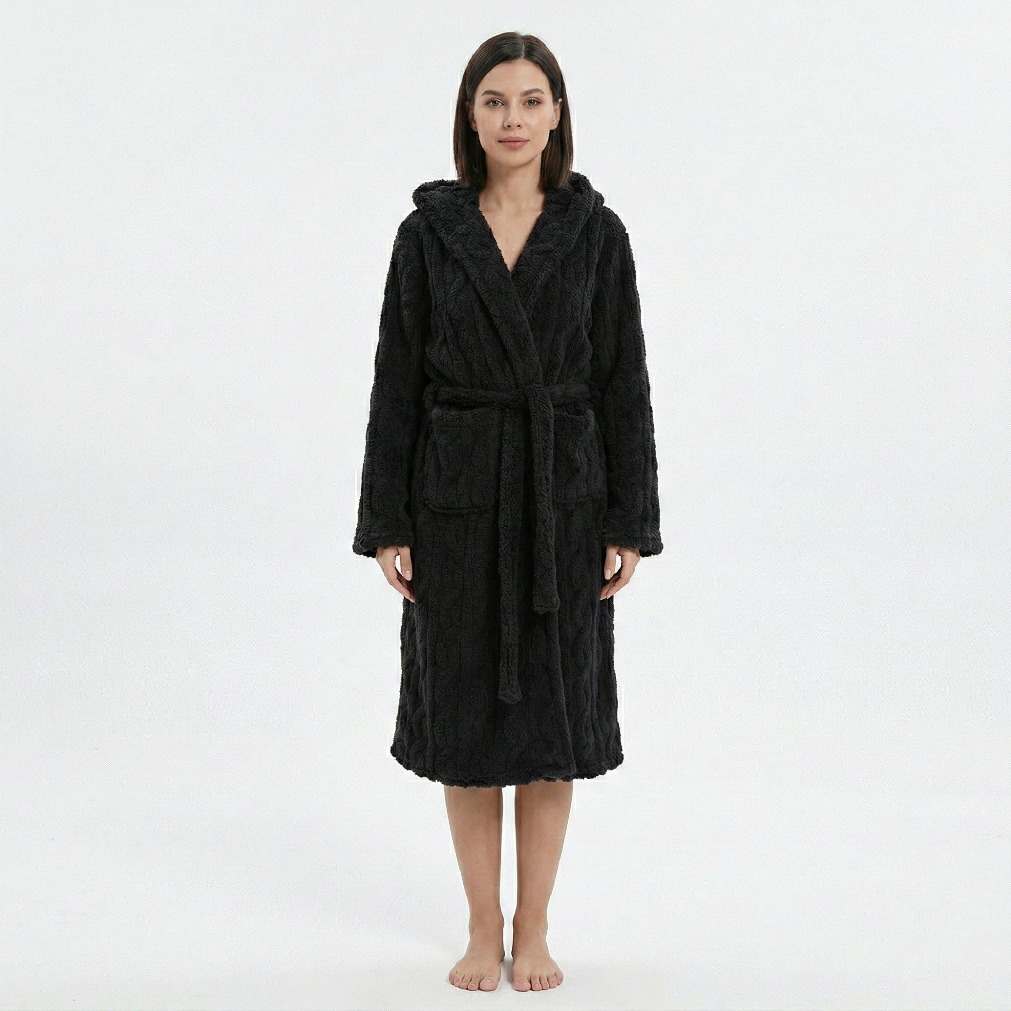 Anna-Kaci Women's Plush Hooded Long Sleeve robe with Textured Fleece Fabric Adjustable Waist Tie Wrap Design