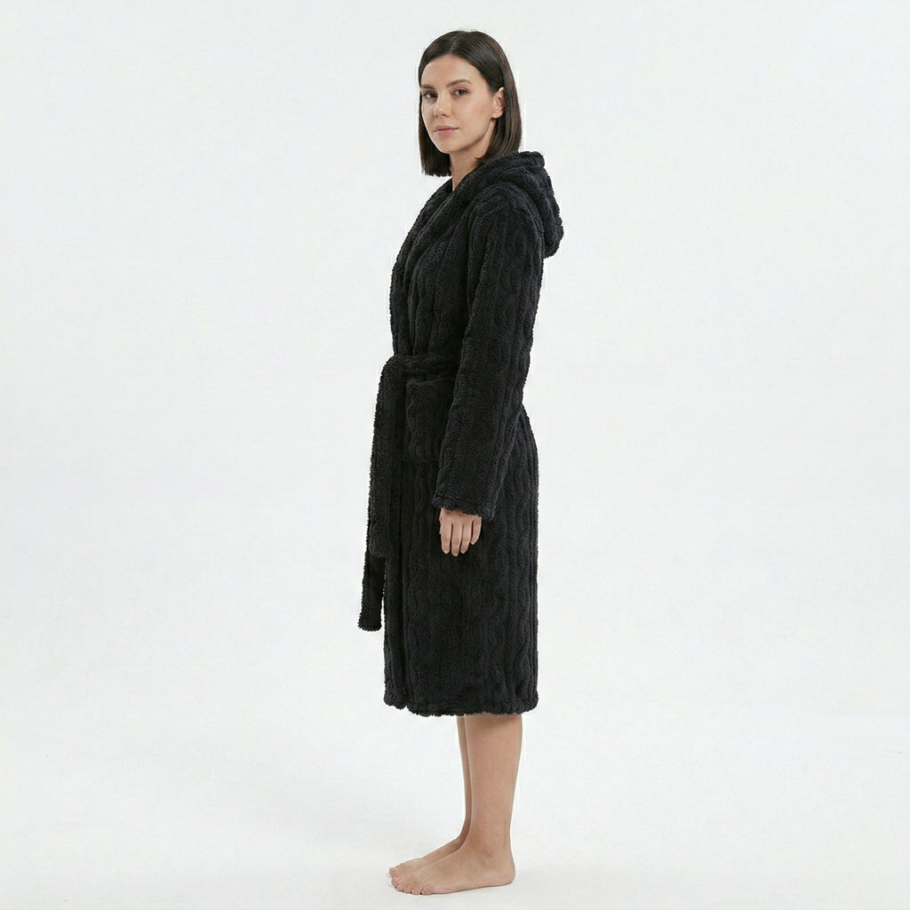 Anna-Kaci Women's Plush Hooded Long Sleeve robe with Textured Fleece Fabric Adjustable Waist Tie Wrap Design