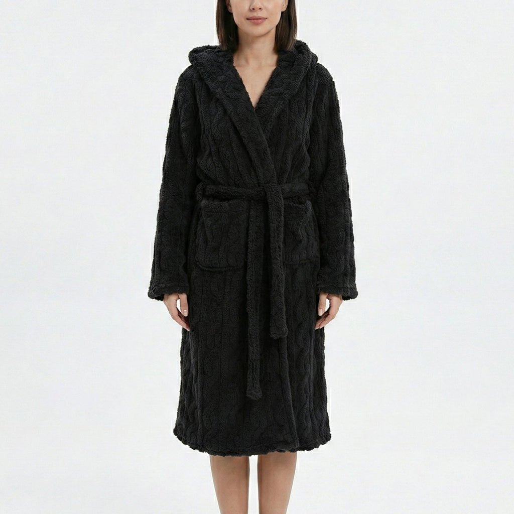 Anna-Kaci Women's Plush Hooded Long Sleeve robe with Textured Fleece Fabric Adjustable Waist Tie Wrap Design