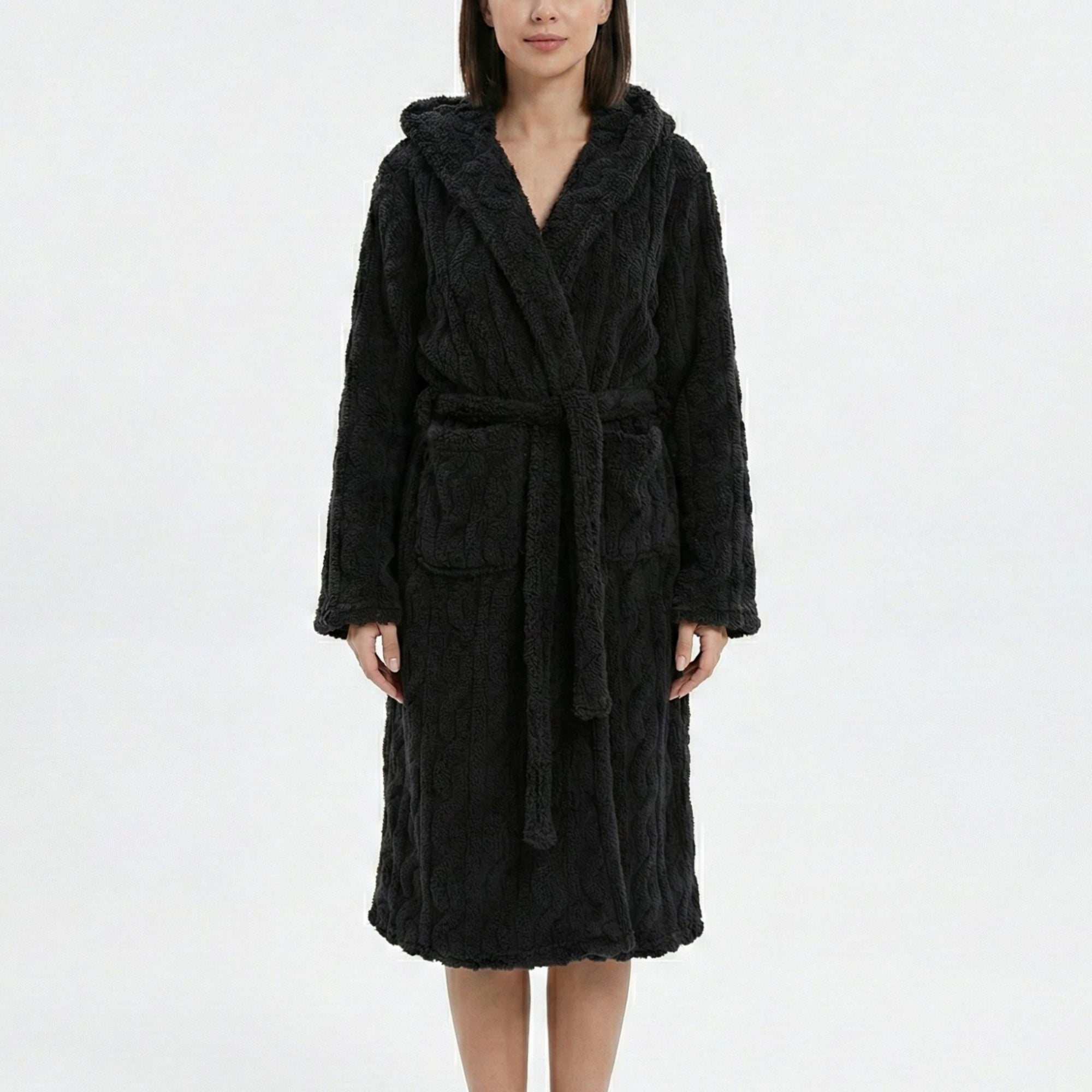 Anna-Kaci Women's Plush Hooded Long Sleeve robe with Textured Fleece Fabric Adjustable Waist Tie Wrap Design