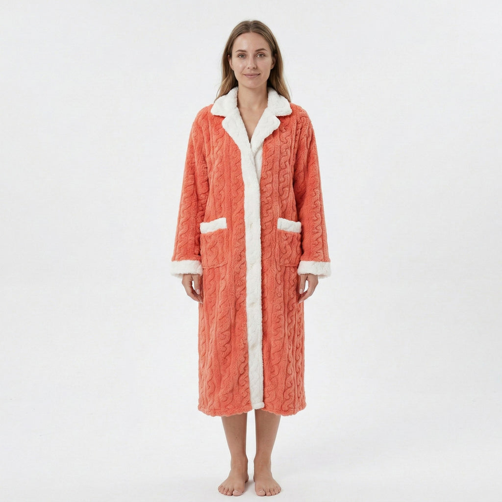 Anna-Kaci Women's Plush Long Bathrobe with Textured Cable Pattern Contrast Plush Trim Button Front Closure