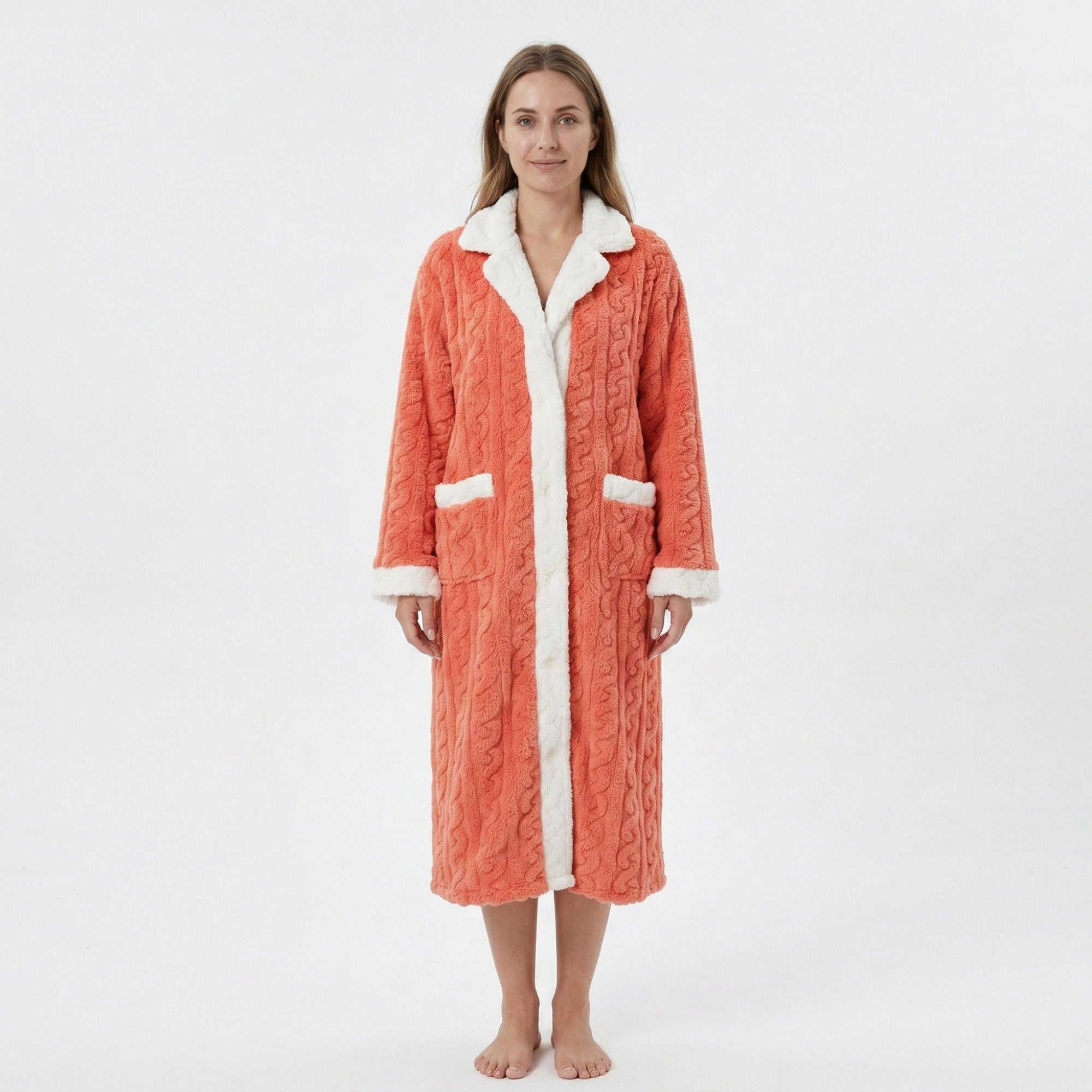 Anna-Kaci Women's Plush Long Bathrobe with Textured Cable Pattern Contrast Plush Trim Button Front Closure
