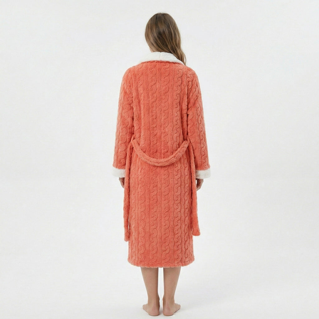 Anna-Kaci Women's Plush Long Bathrobe with Textured Cable Pattern Contrast Plush Trim Button Front Closure