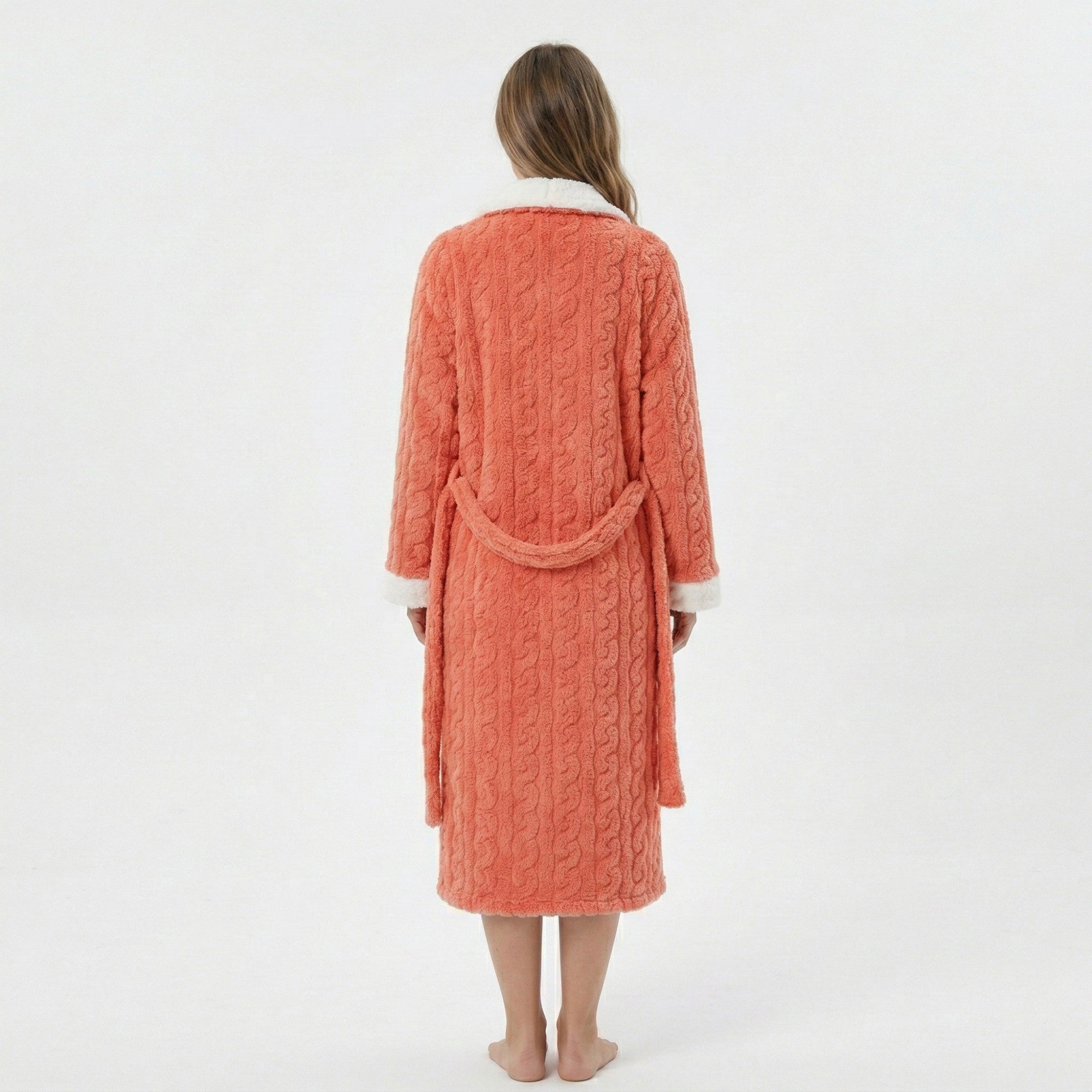 Anna-Kaci Women's Plush Long Bathrobe with Textured Cable Pattern Contrast Plush Trim Button Front Closure
