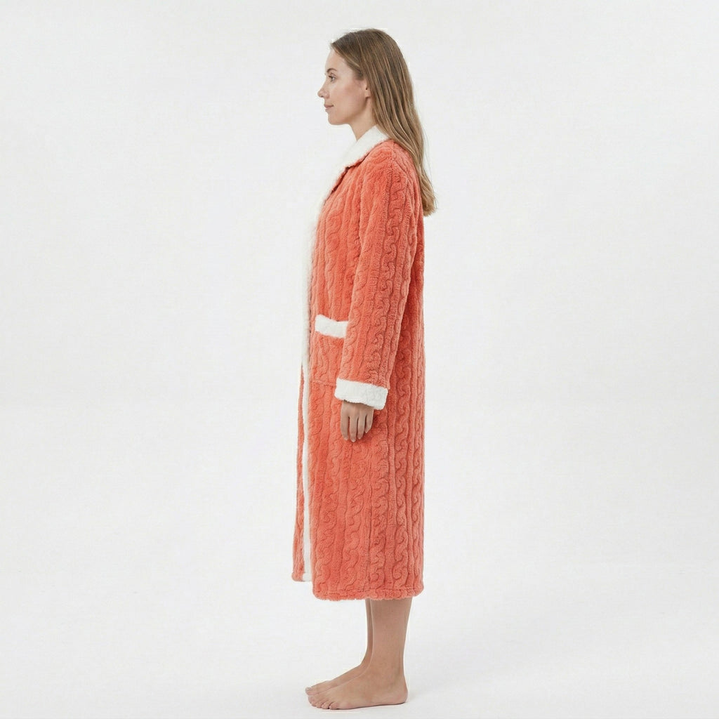 Anna-Kaci Women's Plush Long Bathrobe with Textured Cable Pattern Contrast Plush Trim Button Front Closure