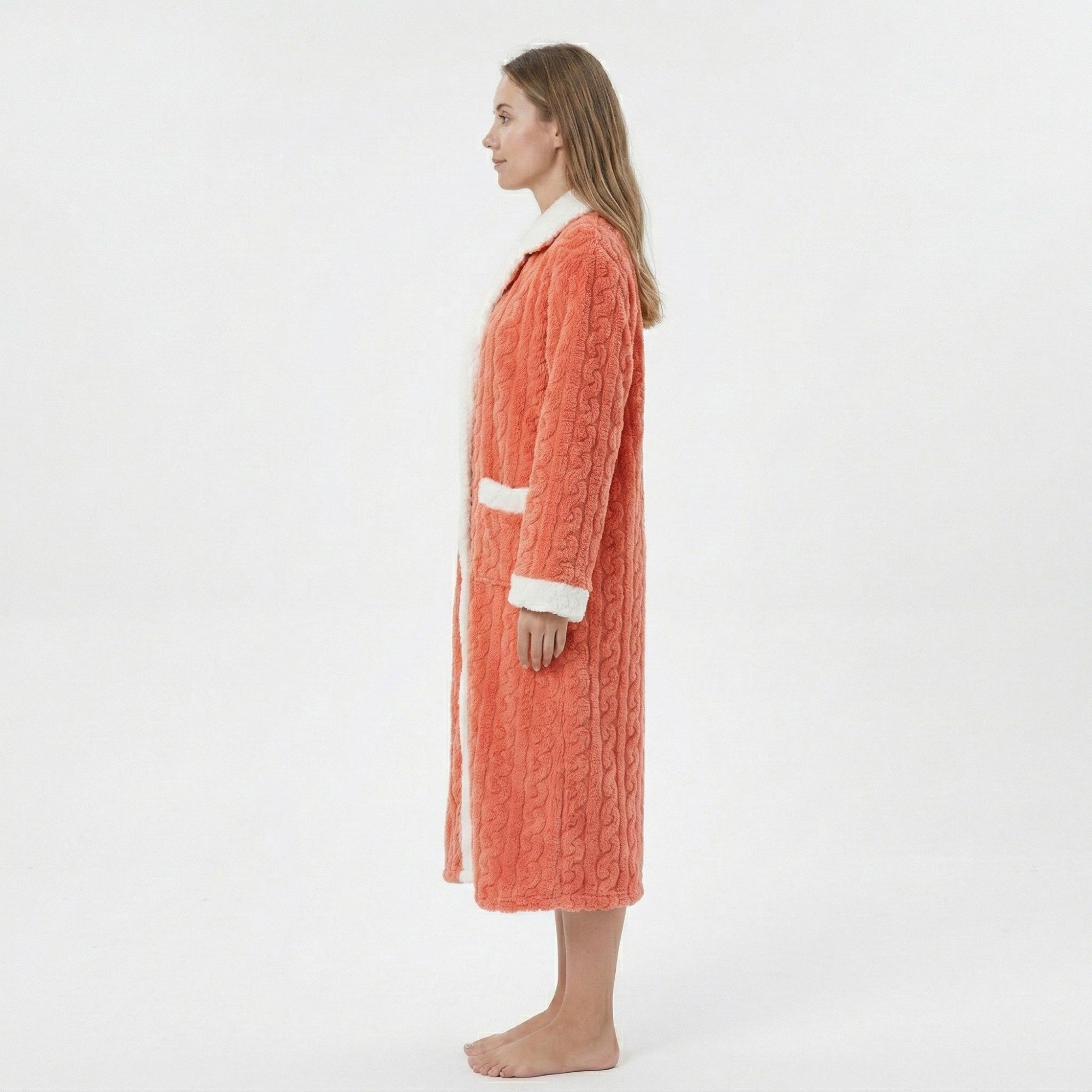 Anna-Kaci Women's Plush Long Bathrobe with Textured Cable Pattern Contrast Plush Trim Button Front Closure