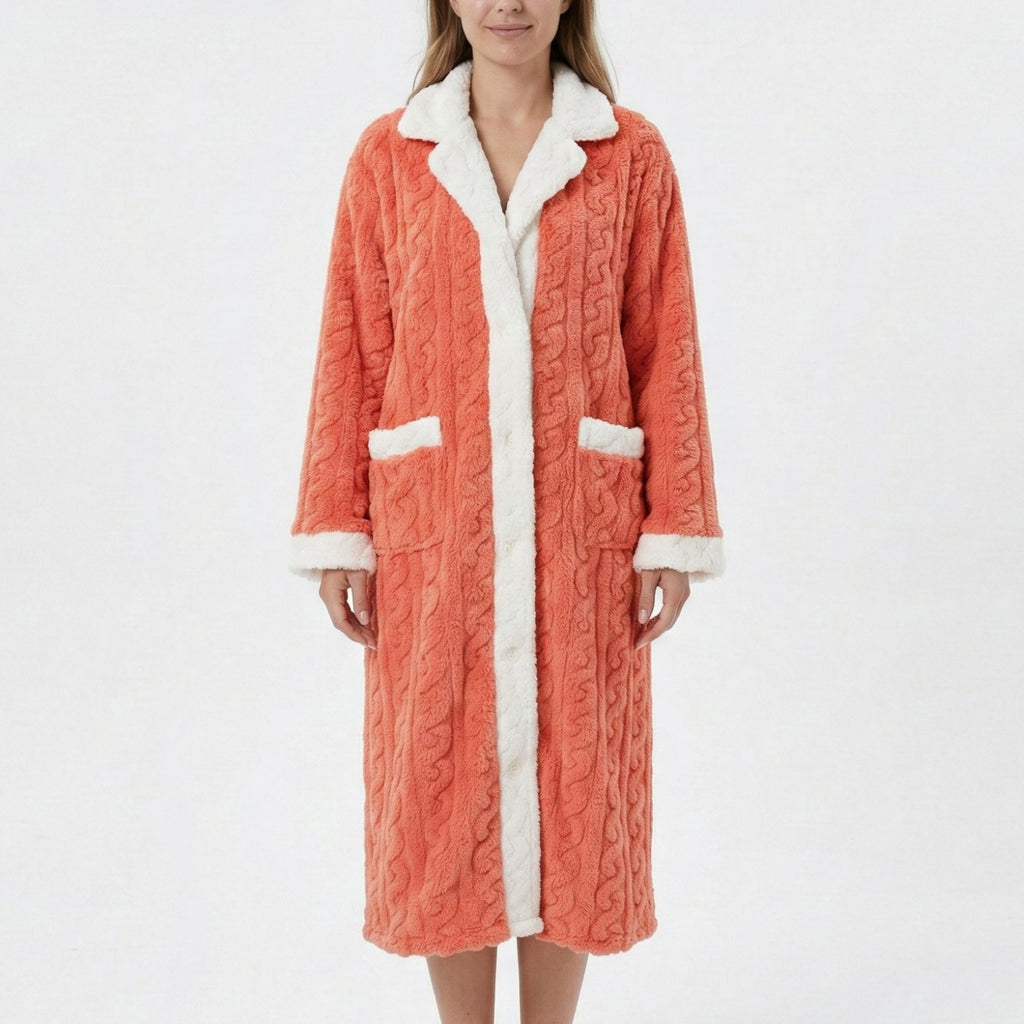 Anna-Kaci Women's Plush Long Bathrobe with Textured Cable Pattern Contrast Plush Trim Button Front Closure