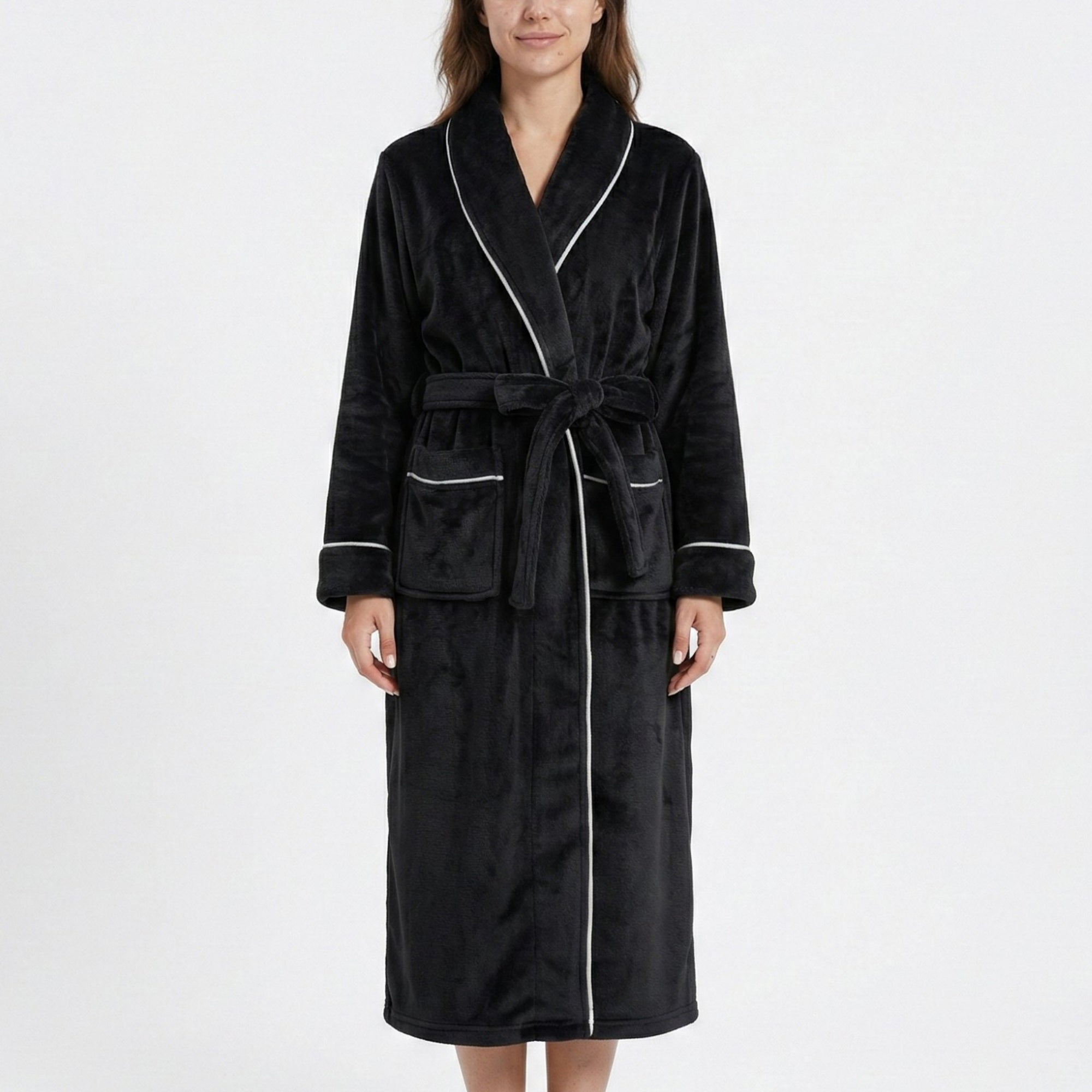 Anna-Kaci Women's Plush Hooded Bathrobe with Waist Tie Belt Long Sleeve Wrap Design and Front Patch Pockets