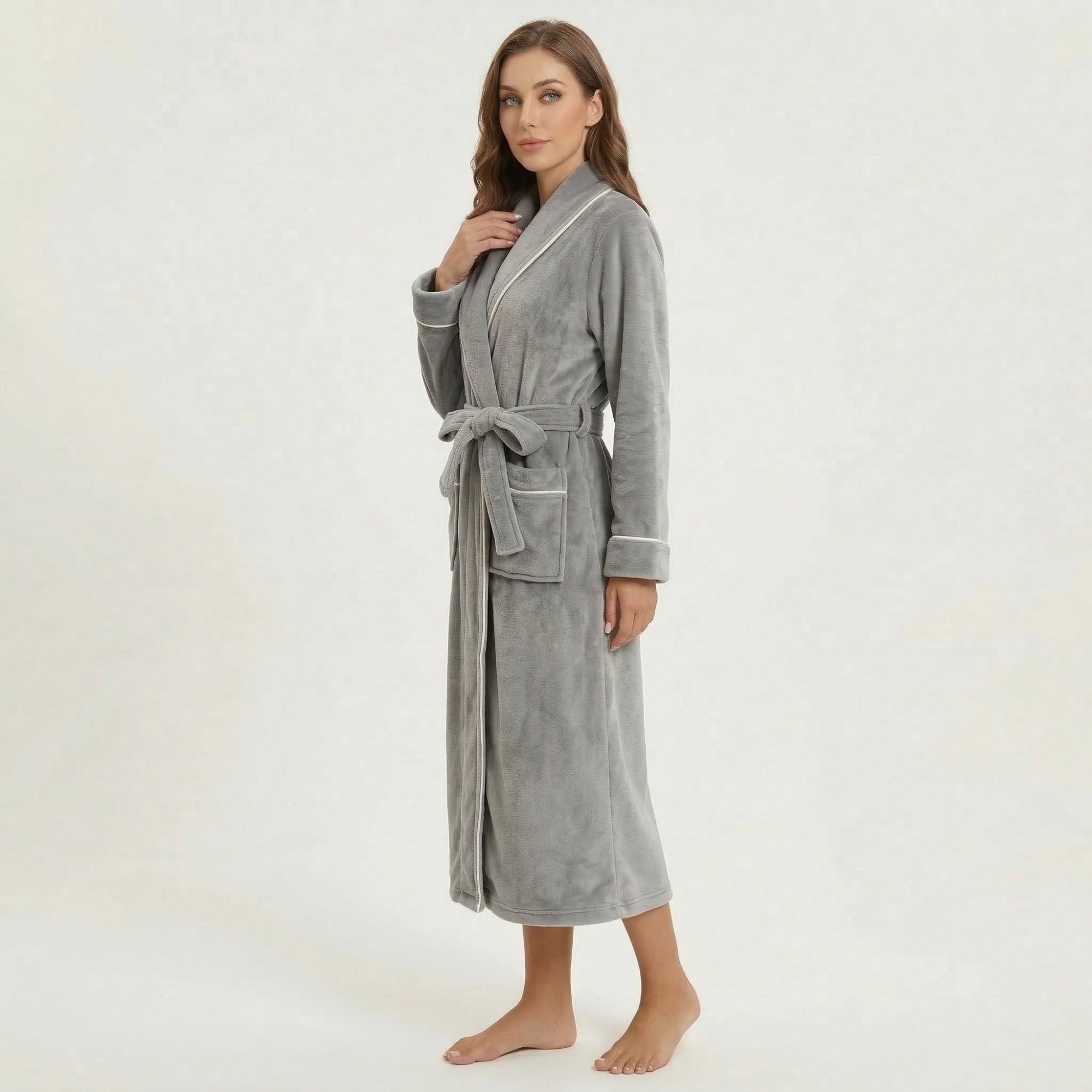 Anna-Kaci Women's Plush Hooded Bathrobe with Waist Tie Belt Long Sleeve Wrap Design and Front Patch Pockets