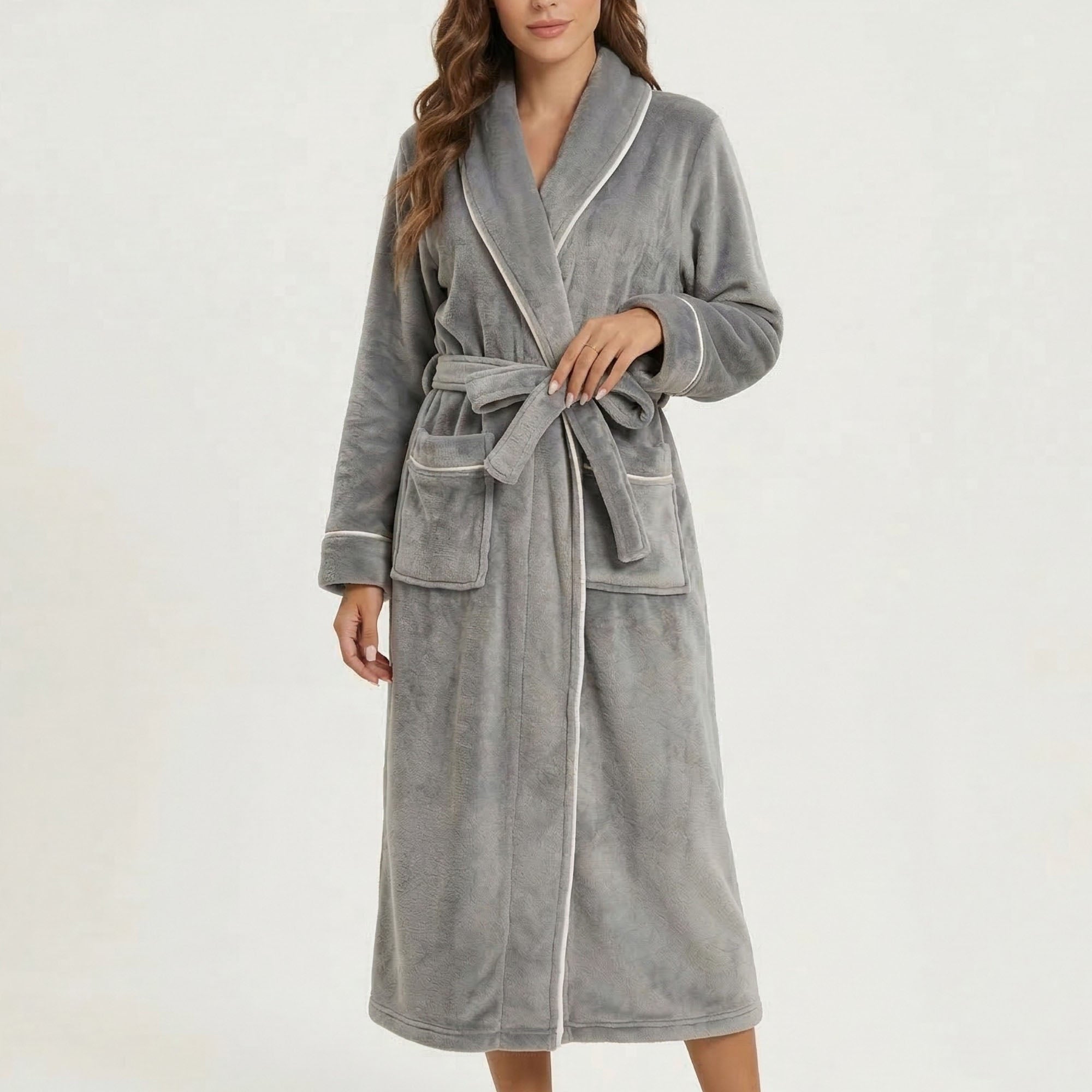 Anna-Kaci Women's Plush Hooded Bathrobe with Waist Tie Belt Long Sleeve Wrap Design and Front Patch Pockets