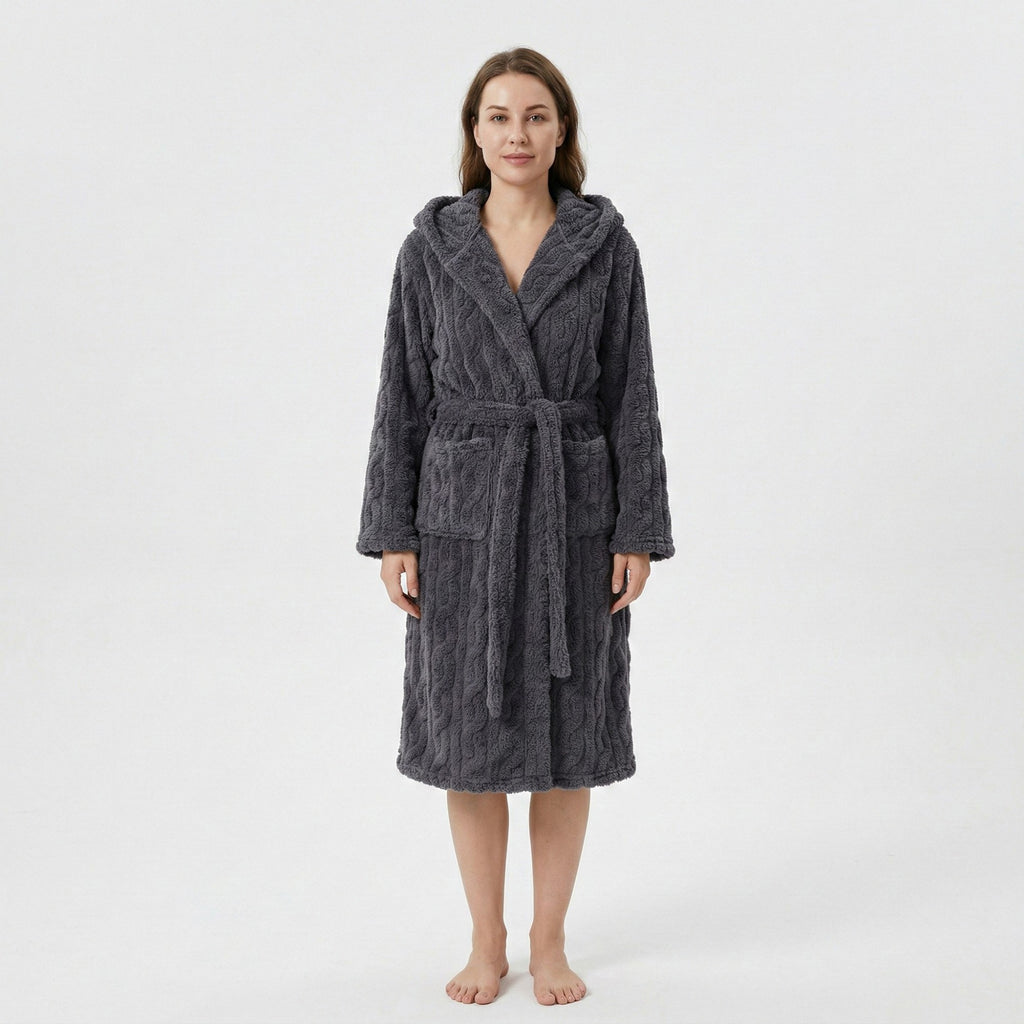 Anna-Kaci Women's Plush Hooded Bathrobe with Textured Cable Pattern Long Wrap Design Adjustable Waist Tie