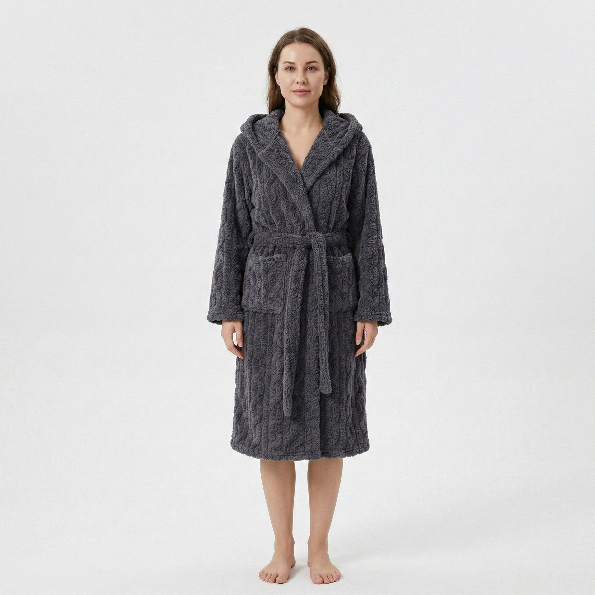 Anna-Kaci Women's Plush Hooded Bathrobe with Textured Cable Pattern Long Wrap Design Adjustable Waist Tie