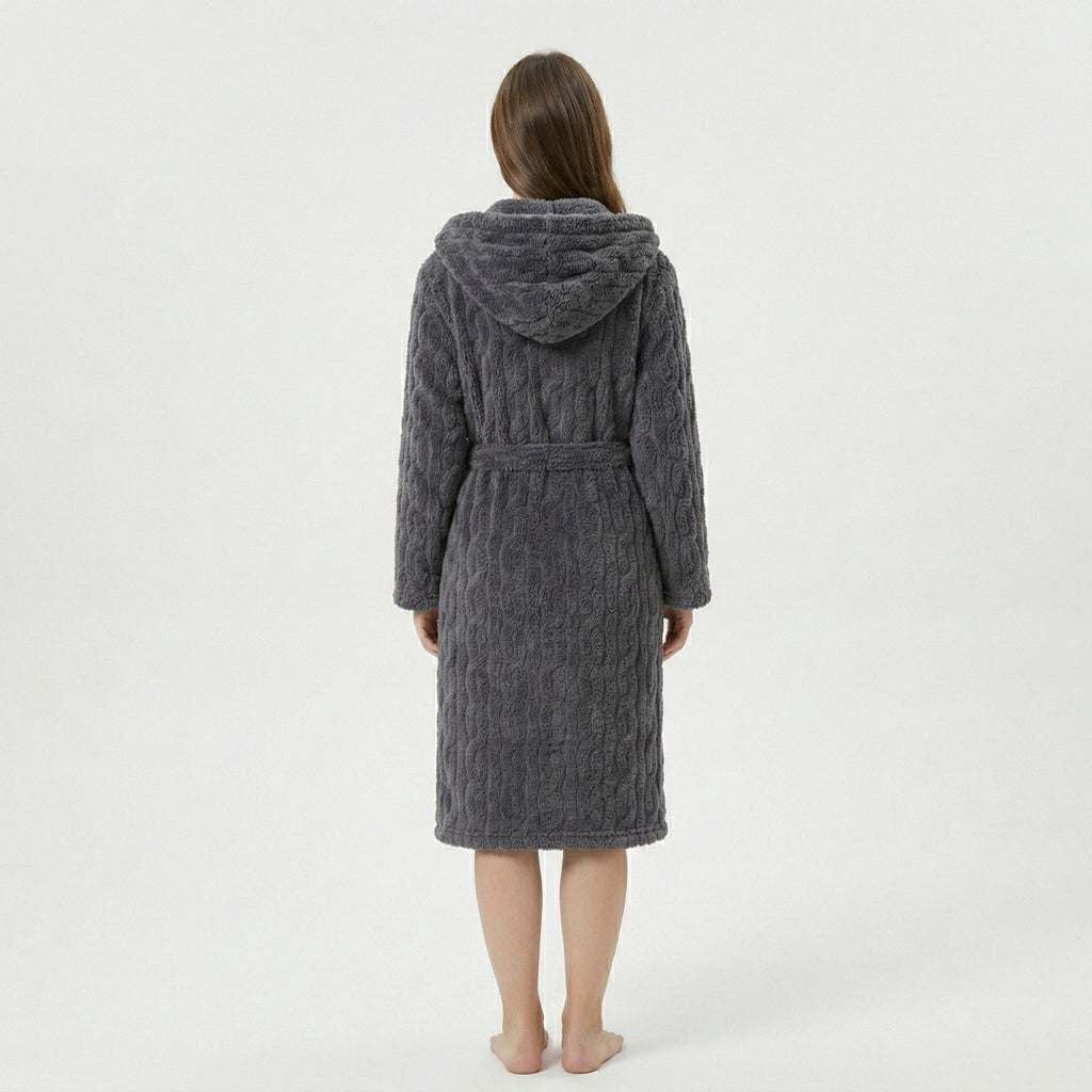 Anna-Kaci Women's Plush Hooded Bathrobe with Textured Cable Pattern Long Wrap Design Adjustable Waist Tie