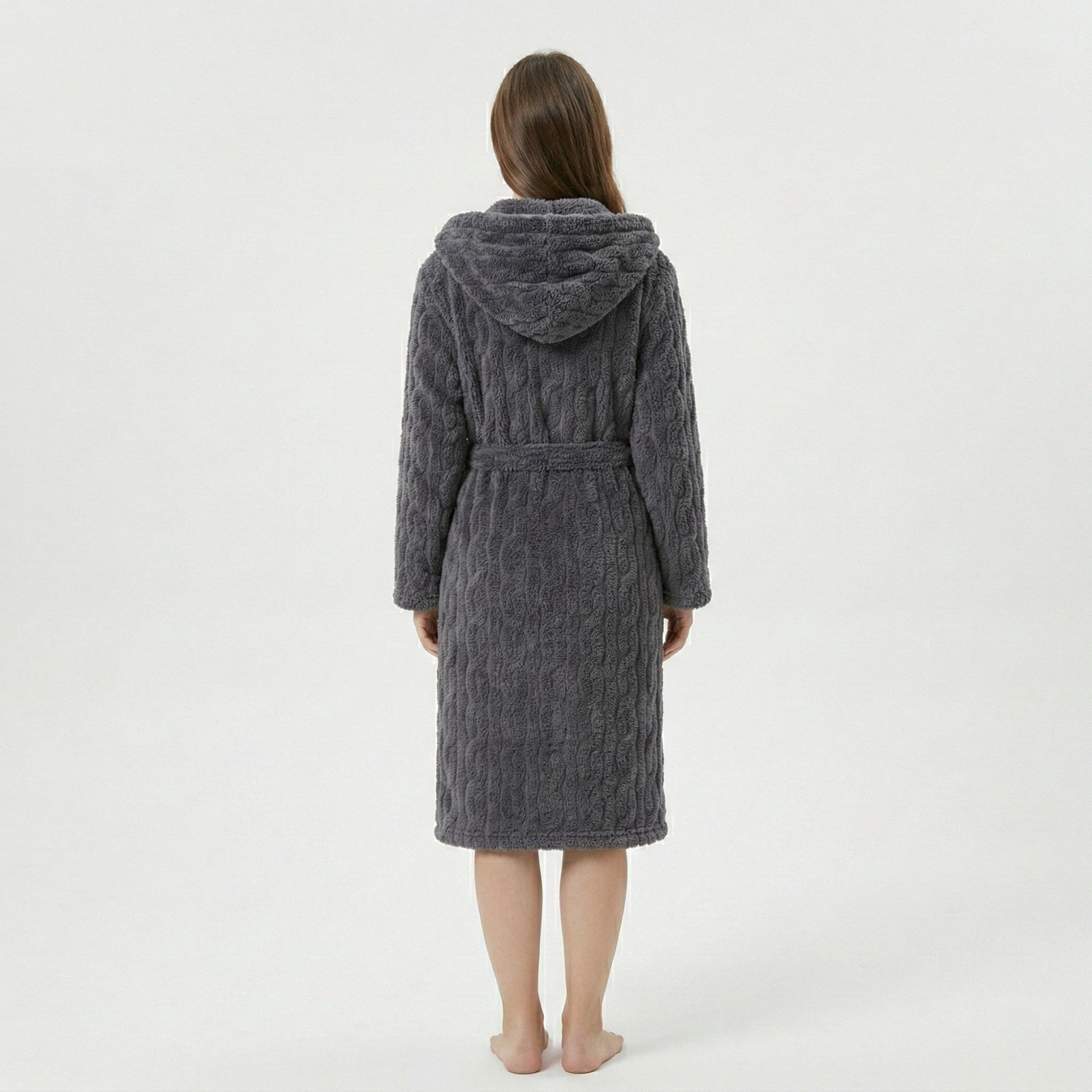 Anna-Kaci Women's Plush Hooded Bathrobe with Textured Cable Pattern Long Wrap Design Adjustable Waist Tie