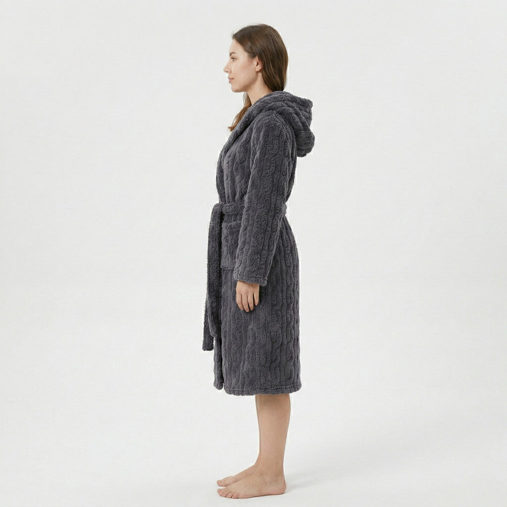 Anna-Kaci Women's Plush Hooded Bathrobe with Textured Cable Pattern Long Wrap Design Adjustable Waist Tie