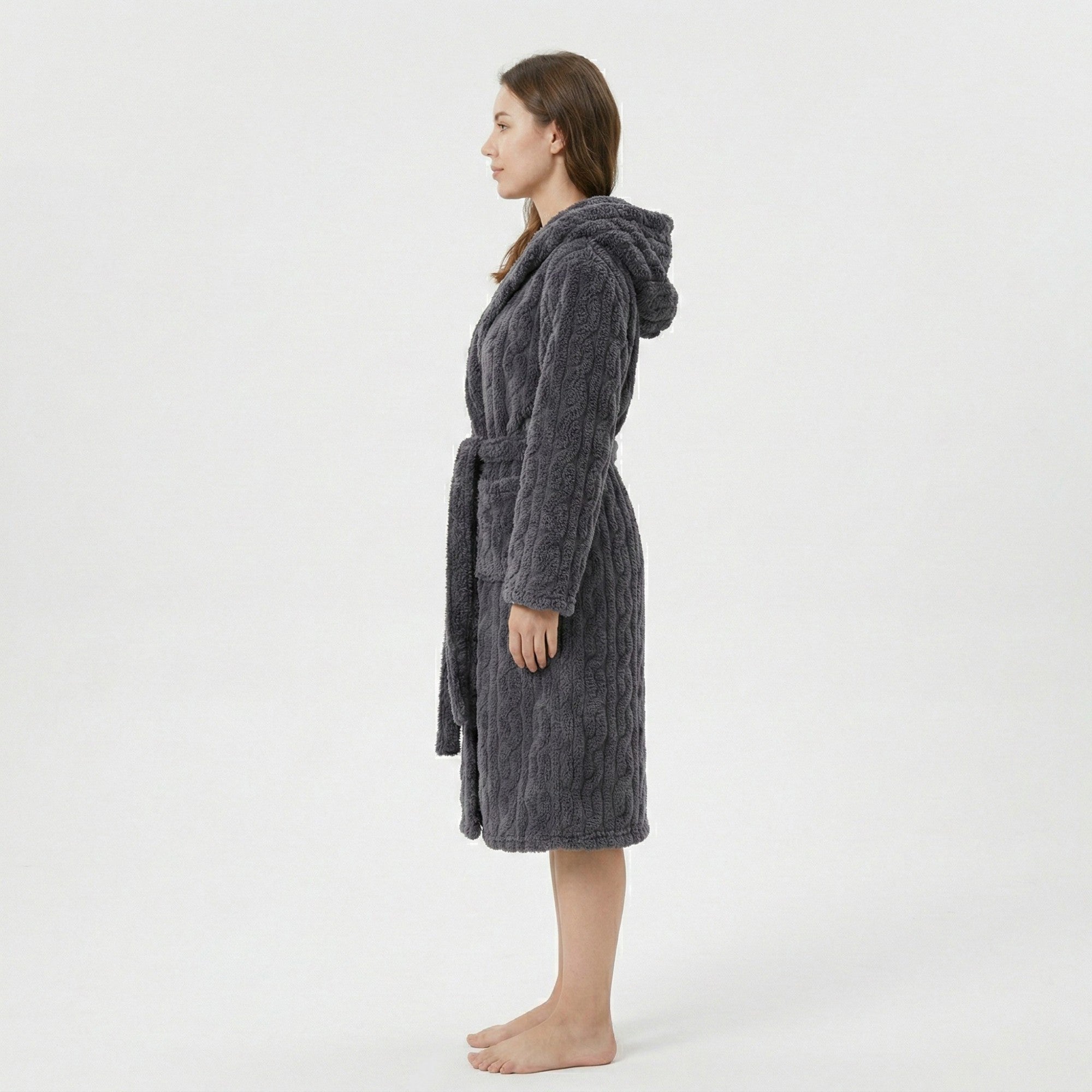 Anna-Kaci Women's Plush Hooded Bathrobe with Textured Cable Pattern Long Wrap Design Adjustable Waist Tie