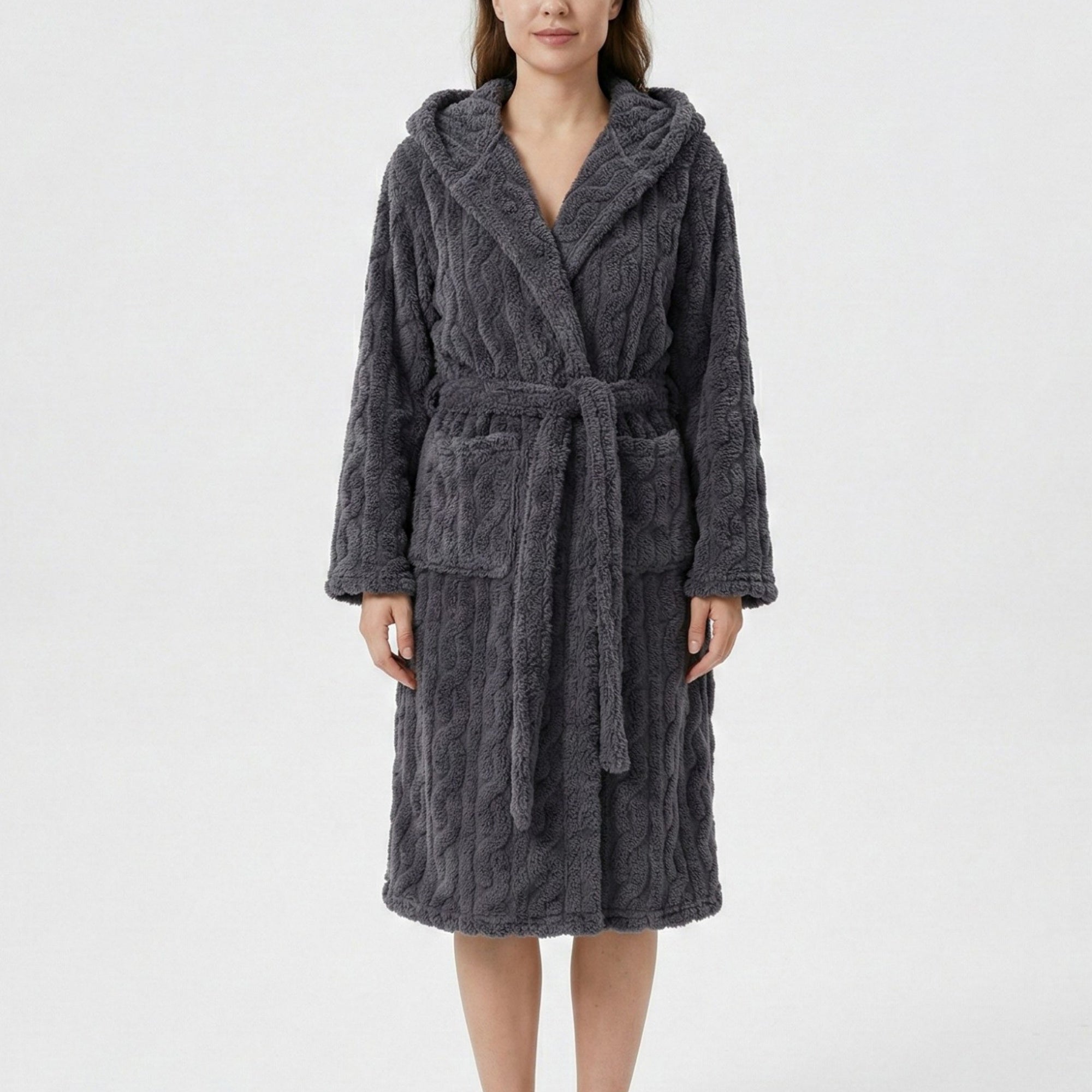 Anna-Kaci Women's Plush Hooded Bathrobe with Textured Cable Pattern Long Wrap Design Adjustable Waist Tie