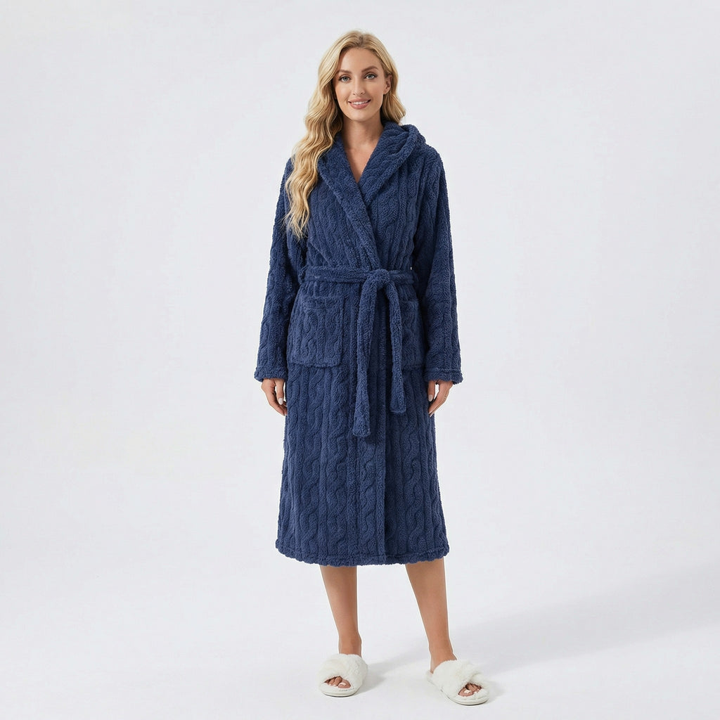 Anna-Kaci Women's Plush Hooded Bathrobe with Textured Cable Pattern Long Wrap Design Adjustable Waist Tie