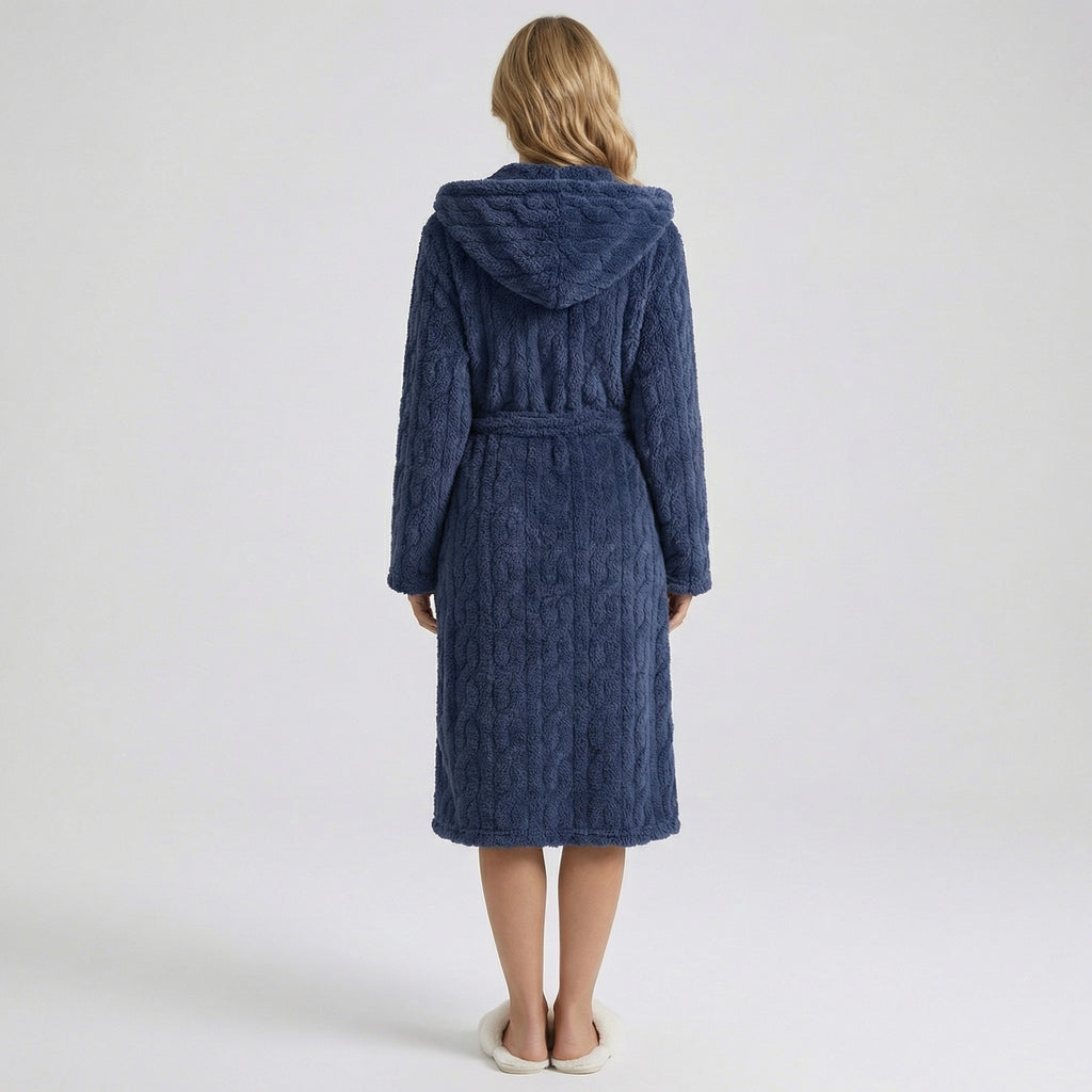 Anna-Kaci Women's Plush Hooded Bathrobe with Textured Cable Pattern Long Wrap Design Adjustable Waist Tie