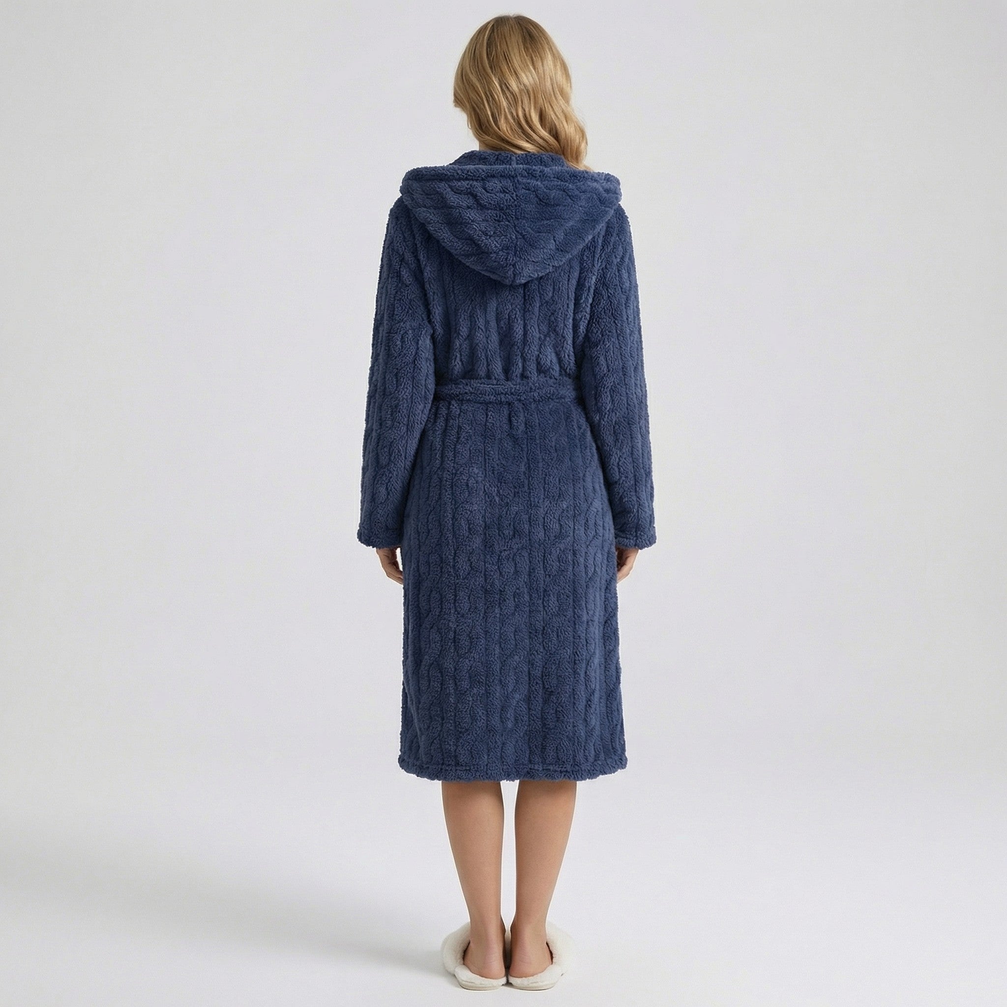 Anna-Kaci Women's Plush Hooded Bathrobe with Textured Cable Pattern Long Wrap Design Adjustable Waist Tie