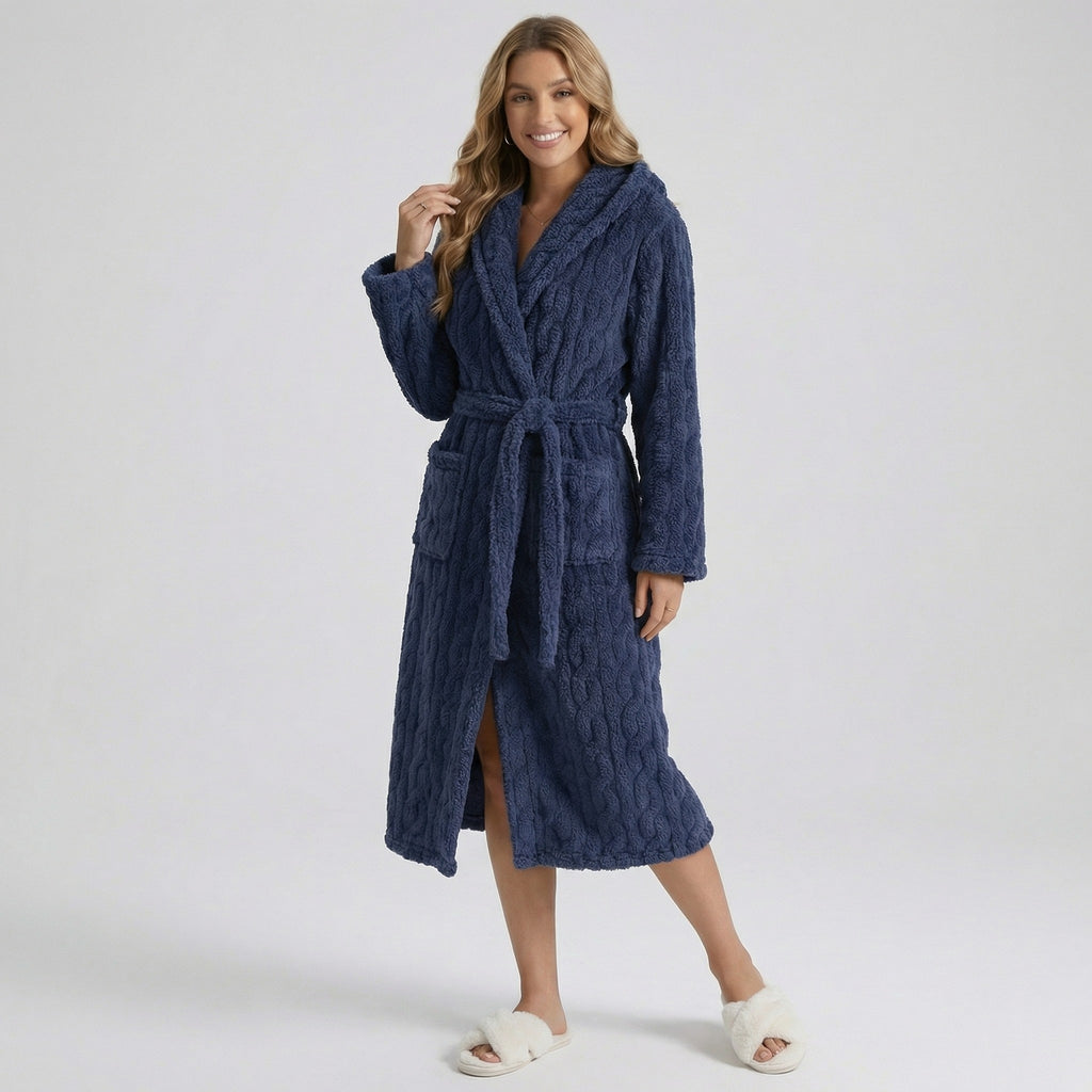 Anna-Kaci Women's Plush Hooded Bathrobe with Textured Cable Pattern Long Wrap Design Adjustable Waist Tie