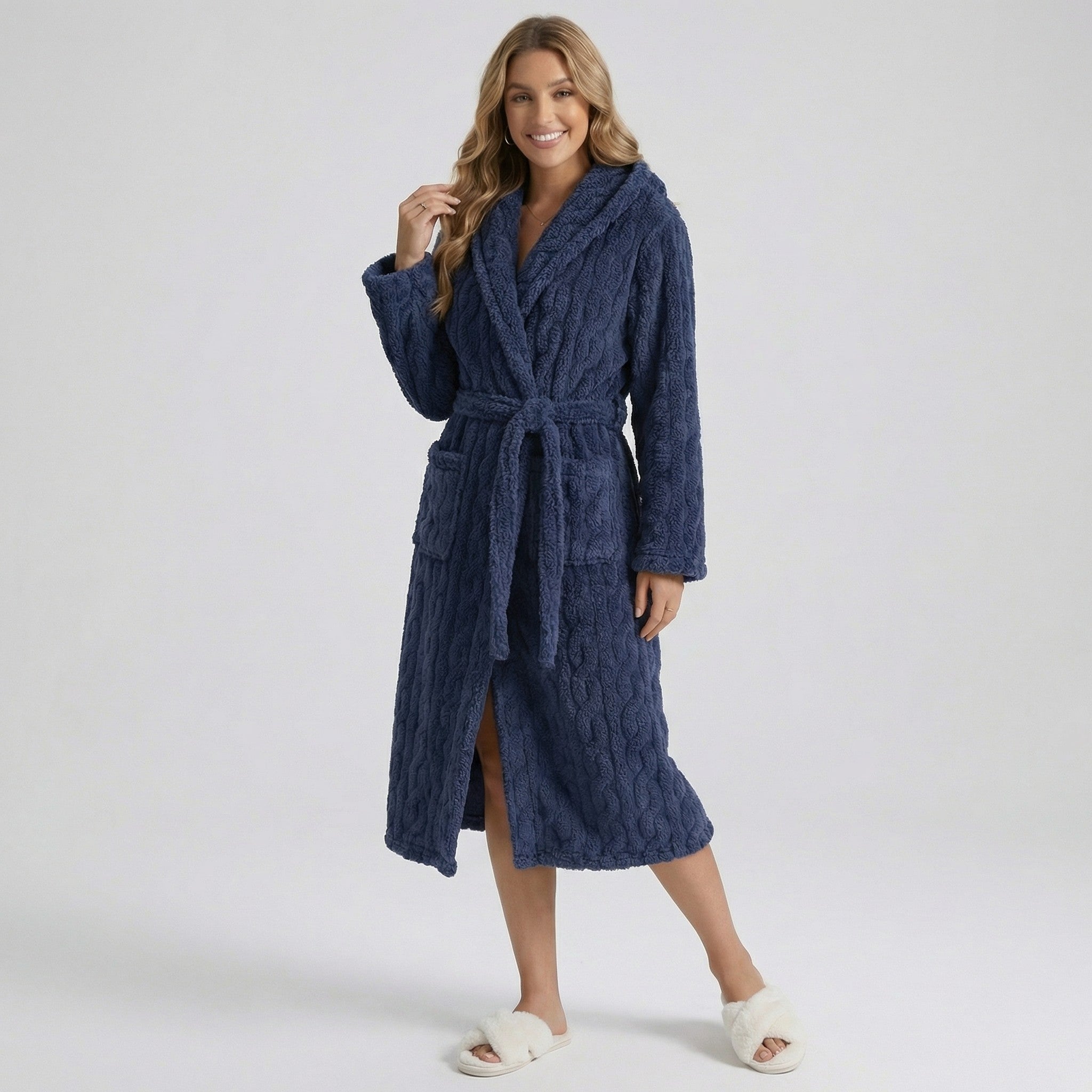 Anna-Kaci Women's Plush Hooded Bathrobe with Textured Cable Pattern Long Wrap Design Adjustable Waist Tie