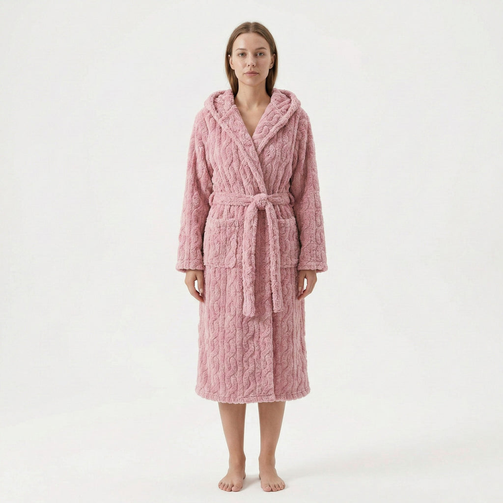 Anna-Kaci Women's Plush Hooded Bathrobe with Textured Cable Pattern Long Wrap Design Adjustable Waist Tie