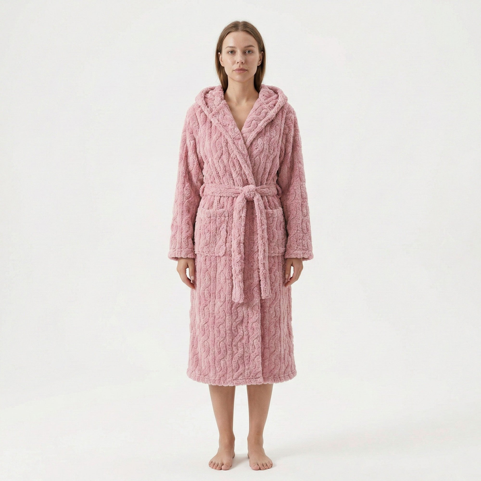 Anna-Kaci Women's Plush Hooded Bathrobe with Textured Cable Pattern Long Wrap Design Adjustable Waist Tie