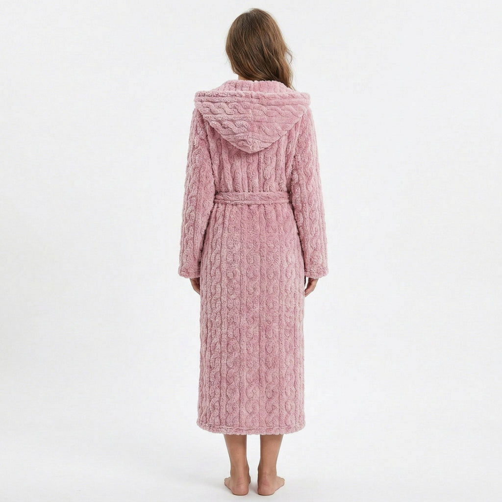 Anna-Kaci Women's Plush Hooded Bathrobe with Textured Cable Pattern Long Wrap Design Adjustable Waist Tie