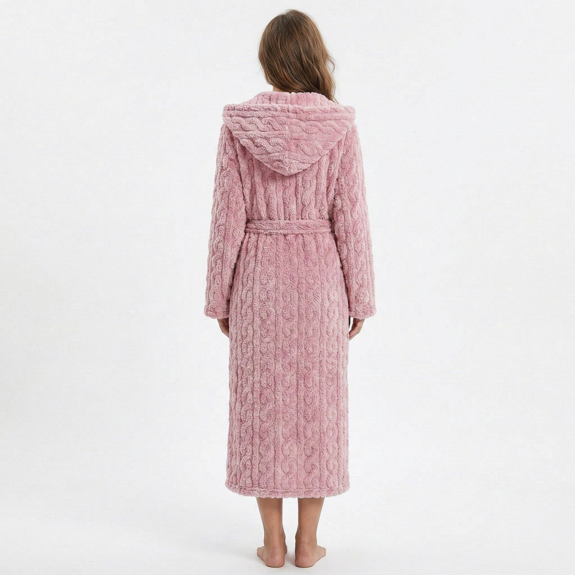 Anna-Kaci Women's Plush Hooded Bathrobe with Textured Cable Pattern Long Wrap Design Adjustable Waist Tie