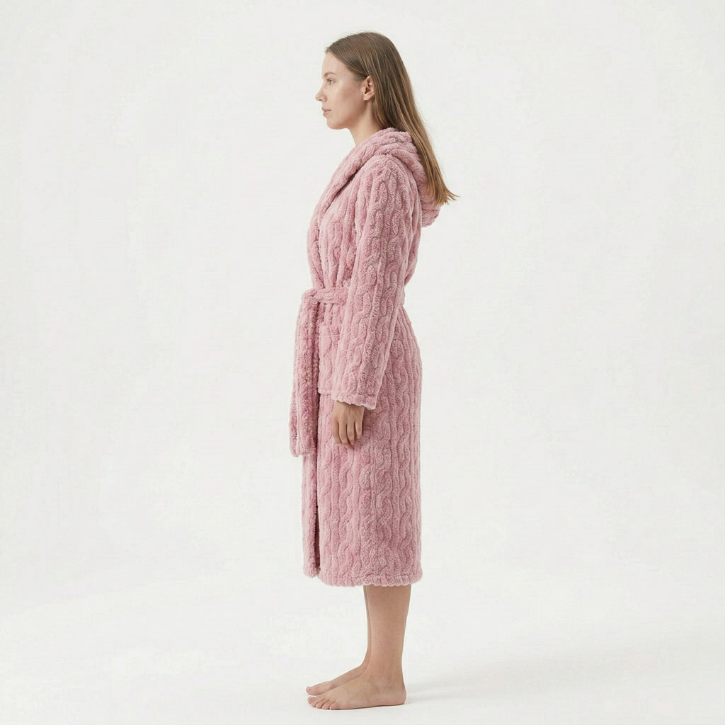 Anna-Kaci Women's Plush Hooded Bathrobe with Textured Cable Pattern Long Wrap Design Adjustable Waist Tie