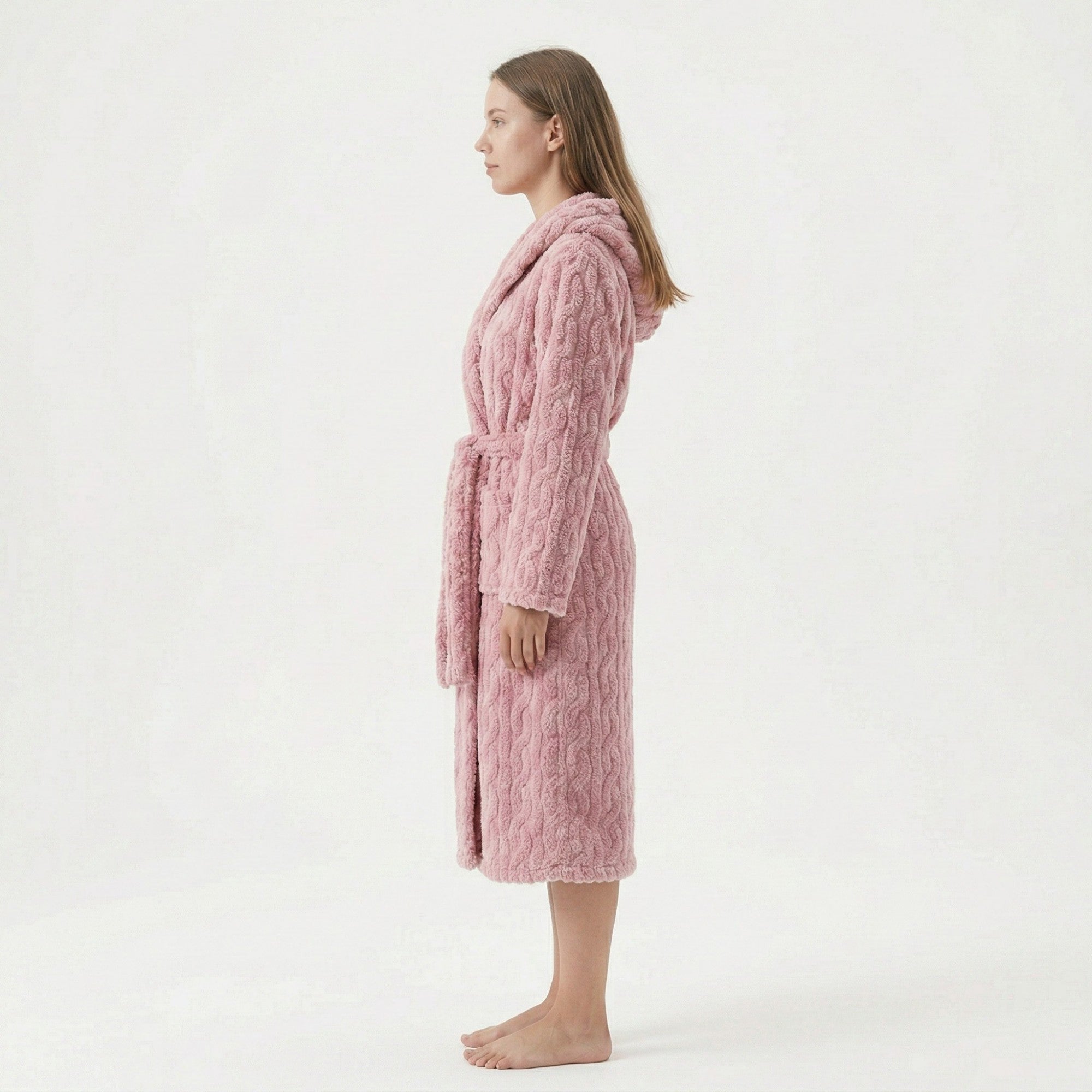 Anna-Kaci Women's Plush Hooded Bathrobe with Textured Cable Pattern Long Wrap Design Adjustable Waist Tie