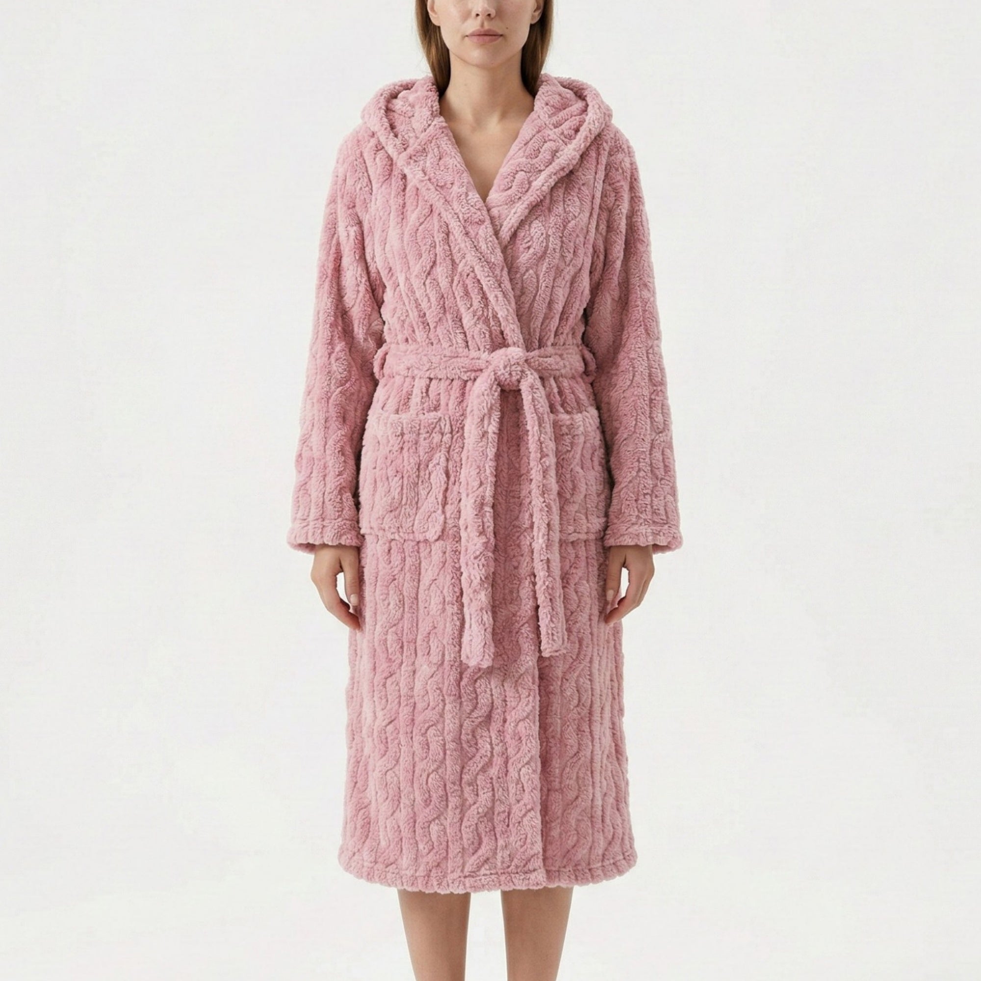 Anna-Kaci Women's Plush Hooded Bathrobe with Textured Cable Pattern Long Wrap Design Adjustable Waist Tie