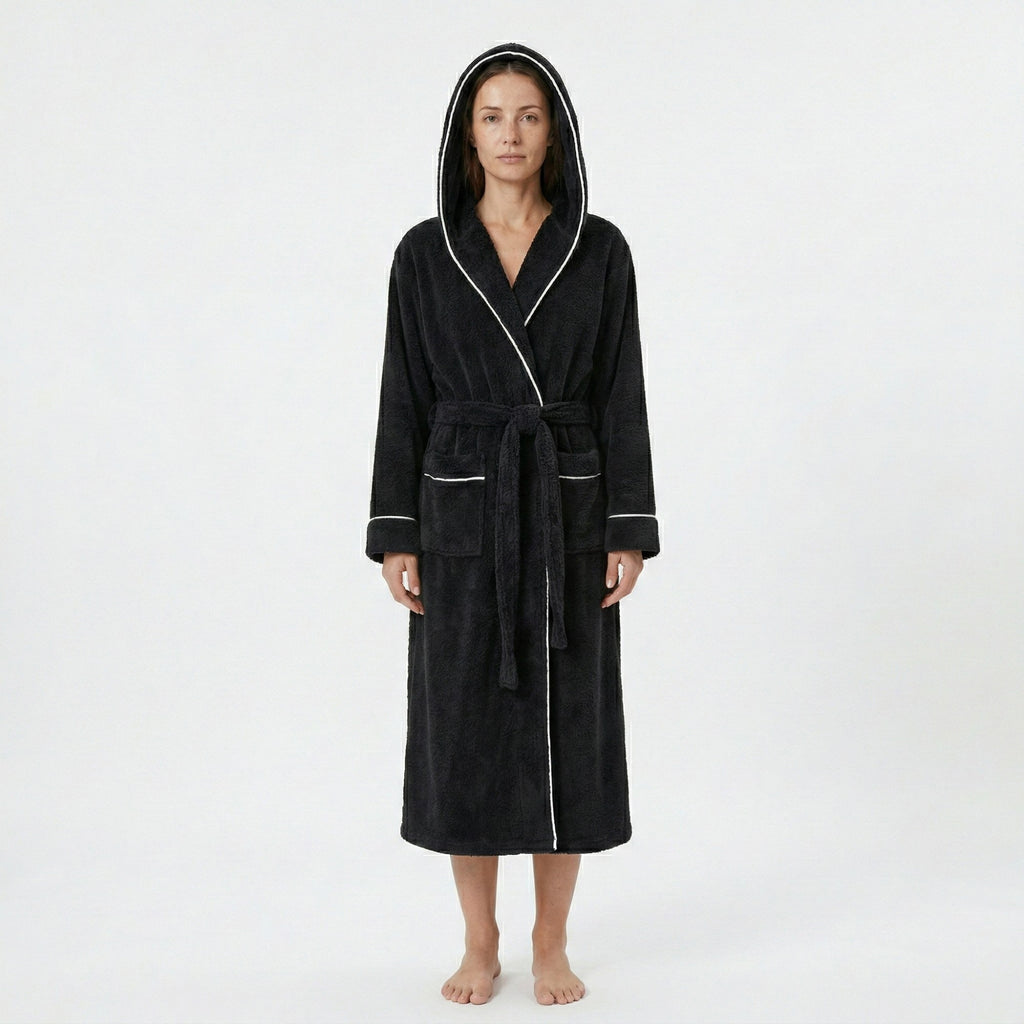 Anna-Kaci Women's Plush Hooded Long Bathrobe with Full Length Wrap Design Adjustable Waist Tie Contrast Trim