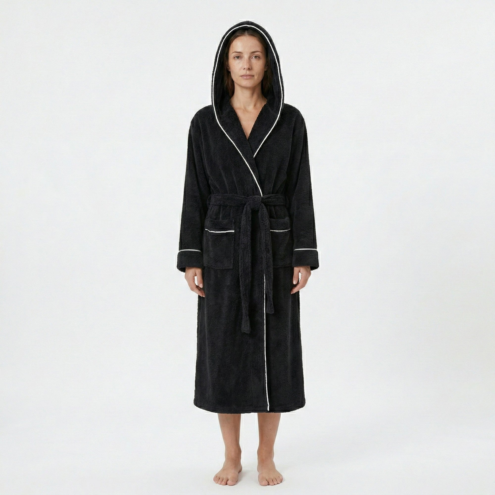 Anna-Kaci Women's Plush Hooded Long Bathrobe with Full Length Wrap Design Adjustable Waist Tie Contrast Trim