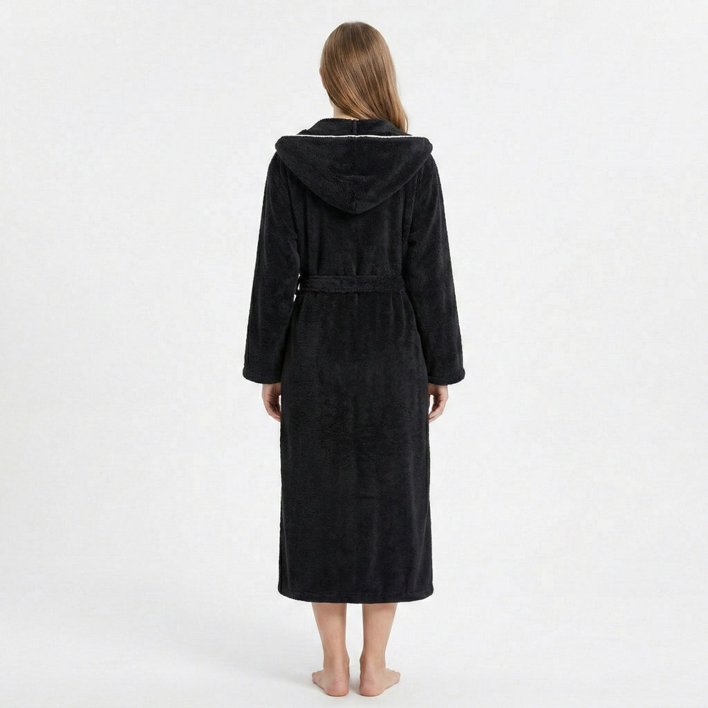 Anna-Kaci Women's Plush Hooded Long Bathrobe with Full Length Wrap Design Adjustable Waist Tie Contrast Trim